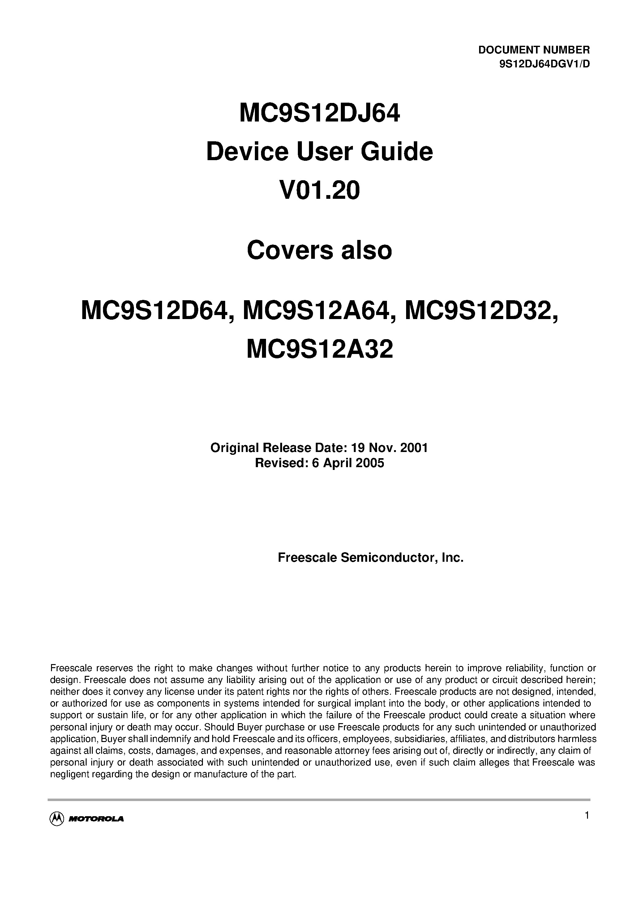 Datasheet MC9S12A32 - (MC9S12xxx) Device User Guide V01.20 page 1