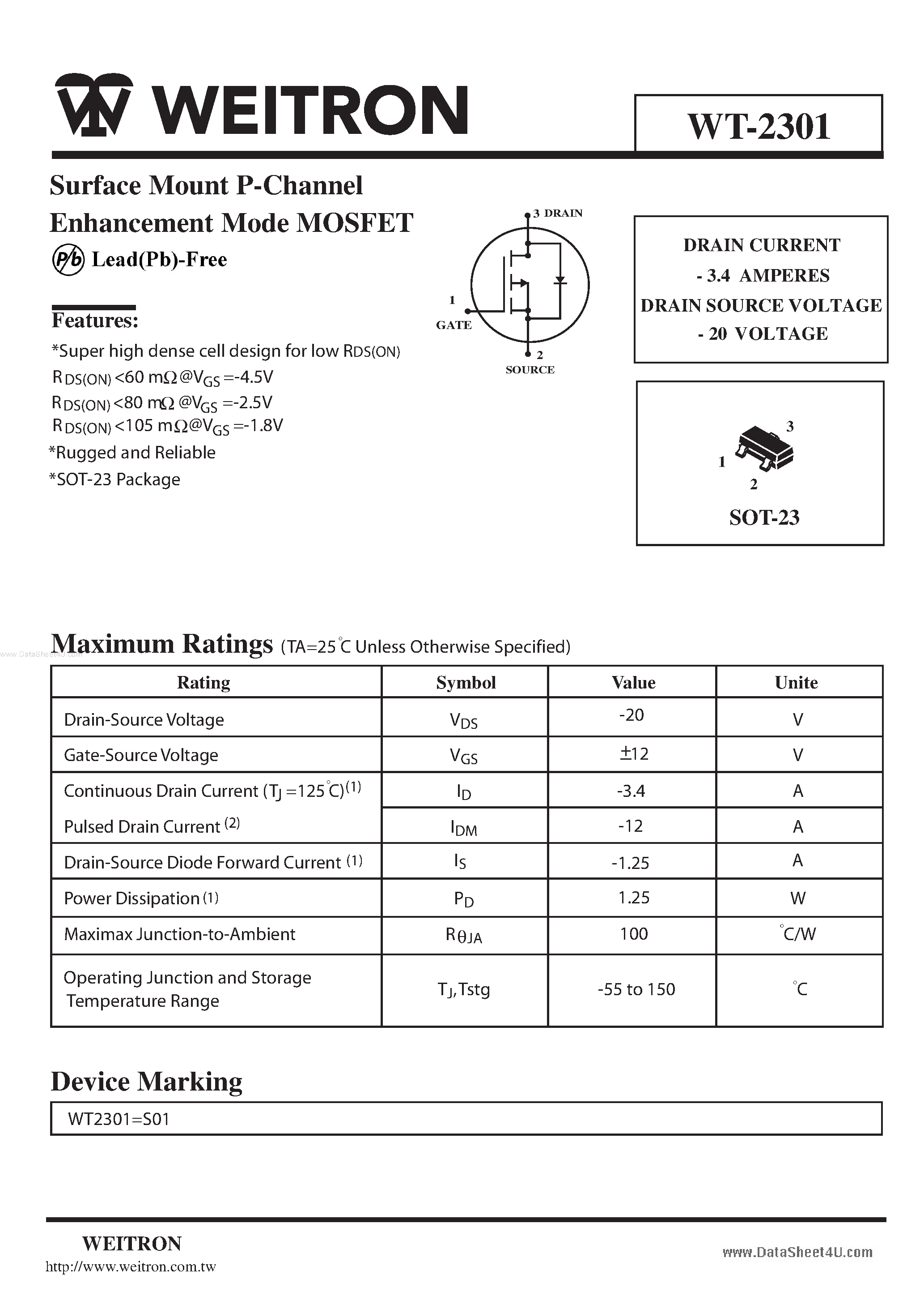 Datasheet WT-2301 - Surface Mount P-Channel Enhancement Mode MOSFET page 1
