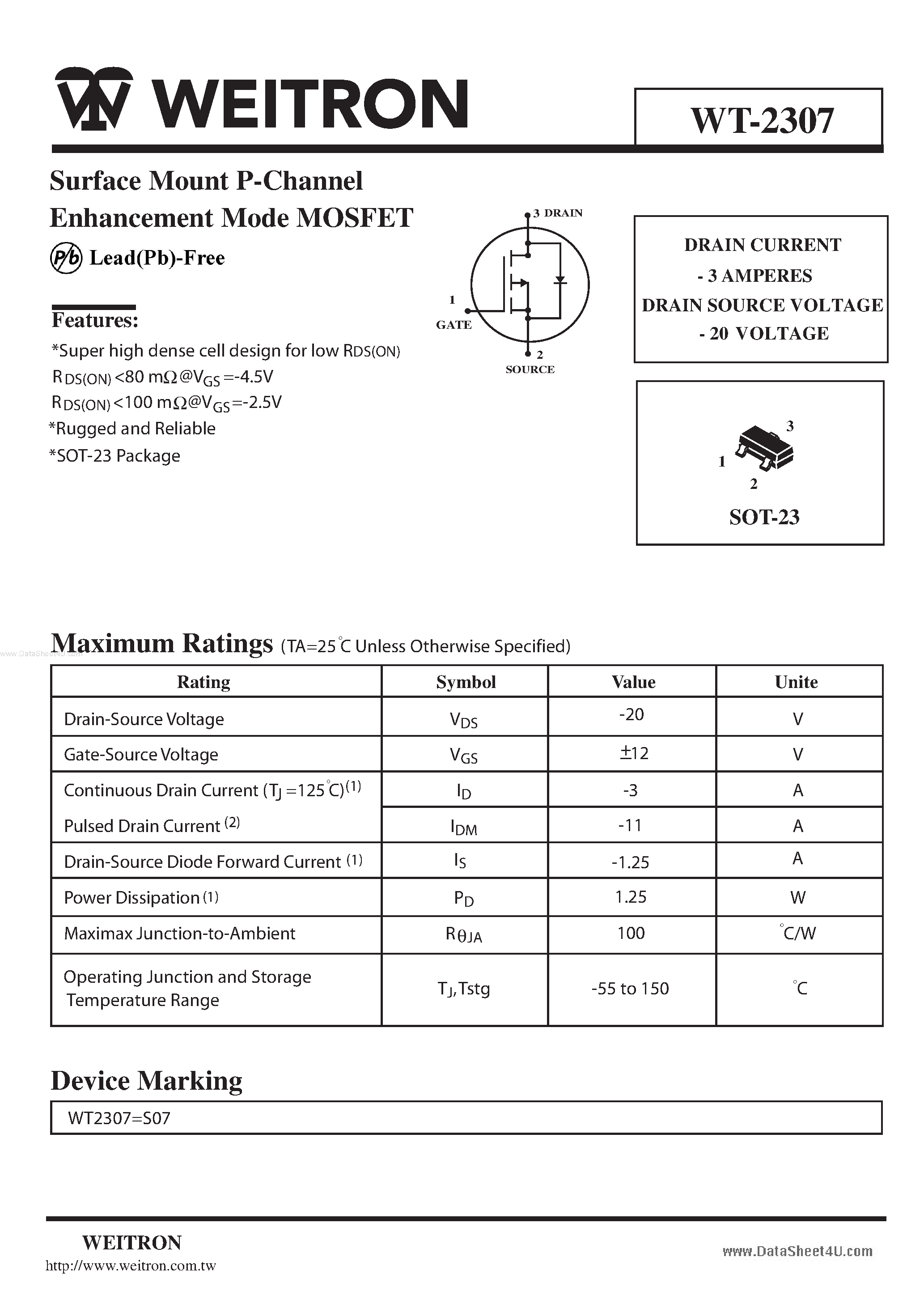 Даташит WT-2307 - Surface Mount P-Channel Enhancement Mode MOSFET страница 1