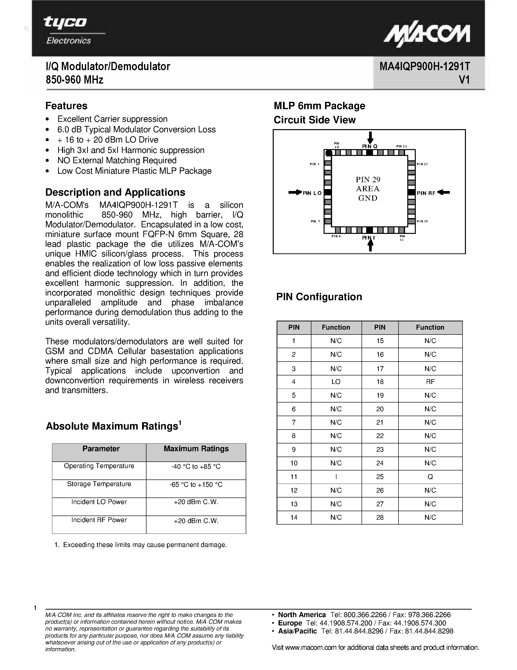 Datasheet MA4IQP900H-1291T - I/Q Modulator/Demodulator page 1