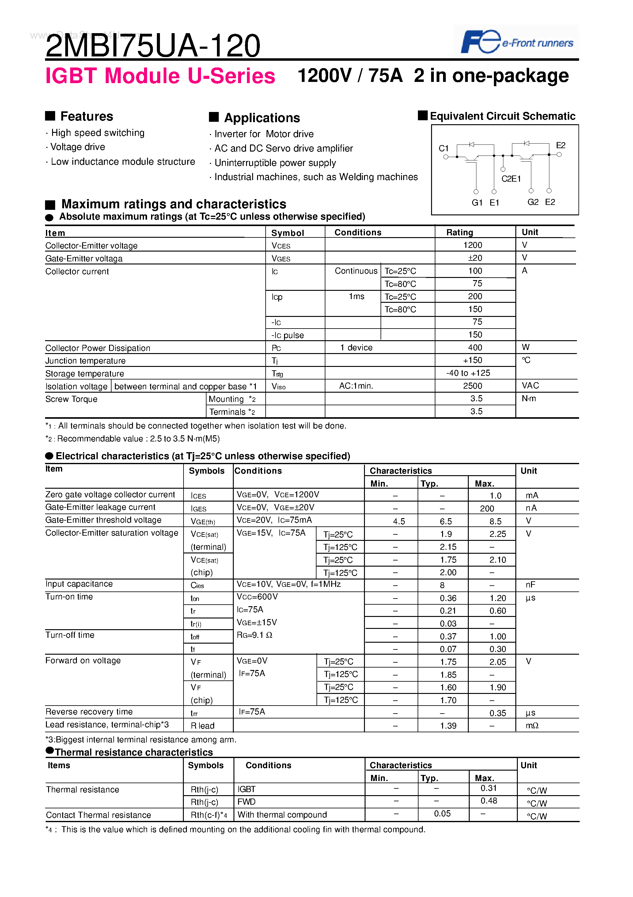 Datasheet 2MBI75UA-120 - IGBT Module U-Series page 1