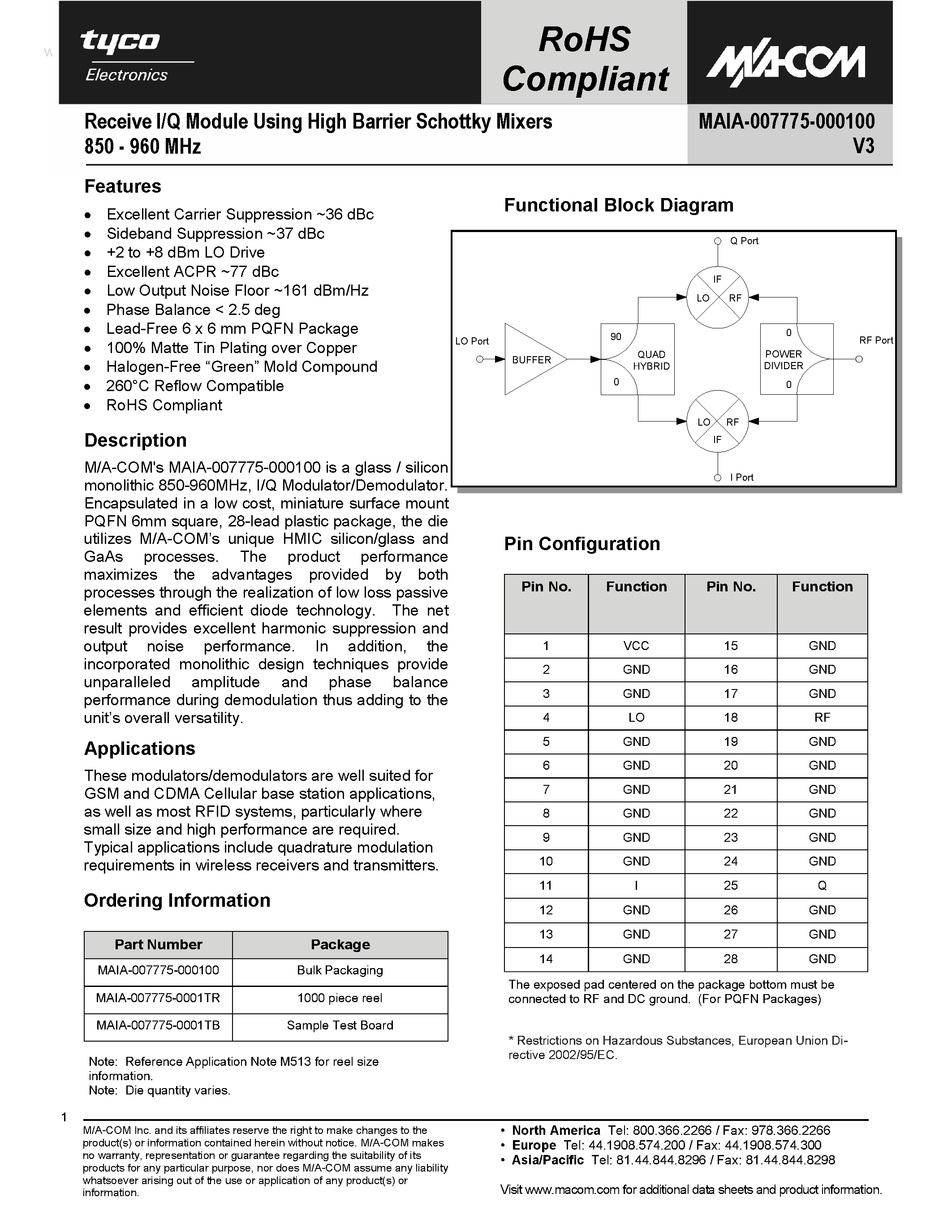Datasheet MAIA-007775-000100 - Receive I/Q Module Using High Barrier Schottky Mixers page 1