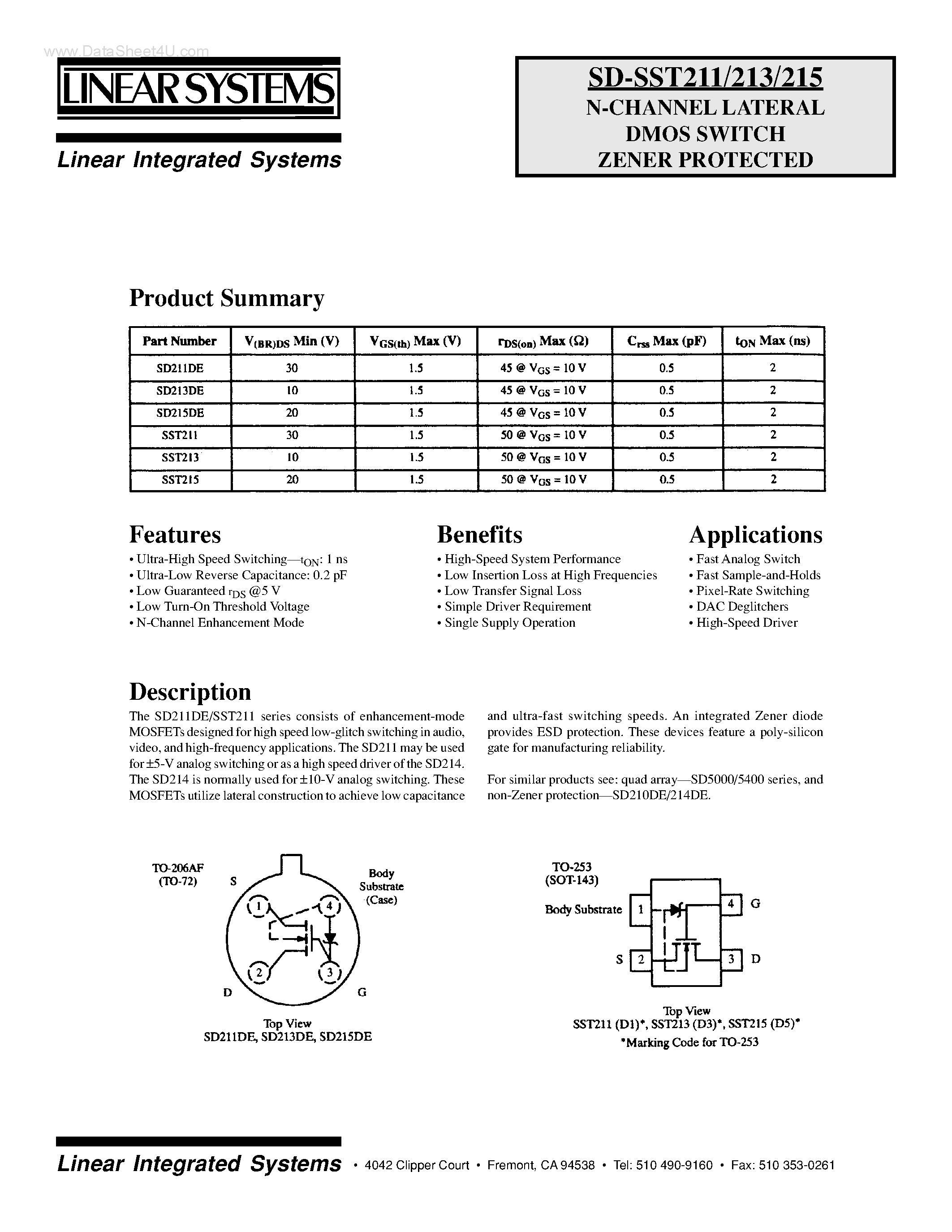 Datasheet SD211 - (SD211 - SD215) N-CHANNEL LATERAL DMOS SWITCH ZENER PROTECTED page 1