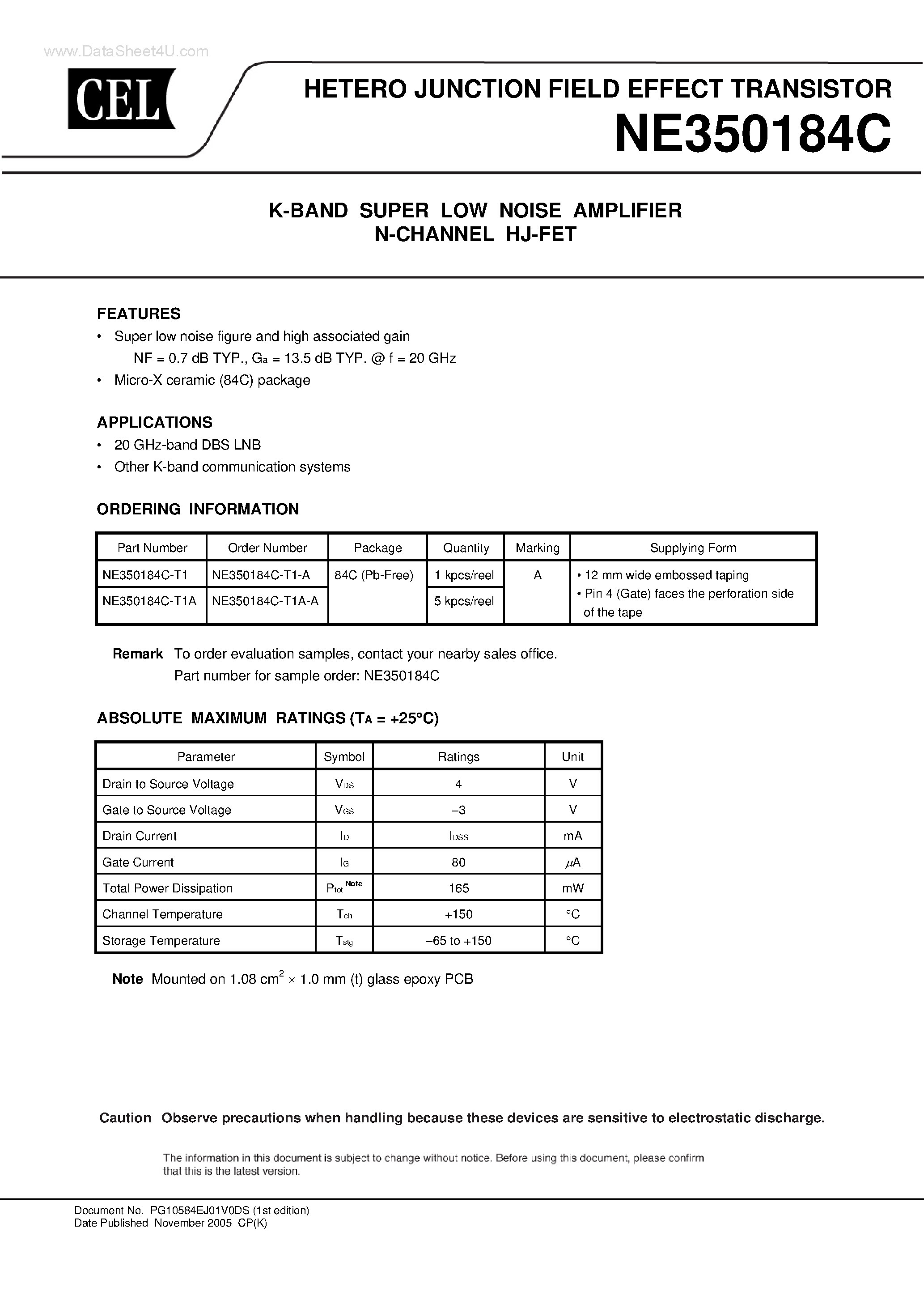 Datasheet NE350184C - HETERO JUNCTION FIELD EFFECT TRANSISTOR K-BAND SUPER LOW NOISE AMPLIFIER N-CHANNEL HJ-FET page 1