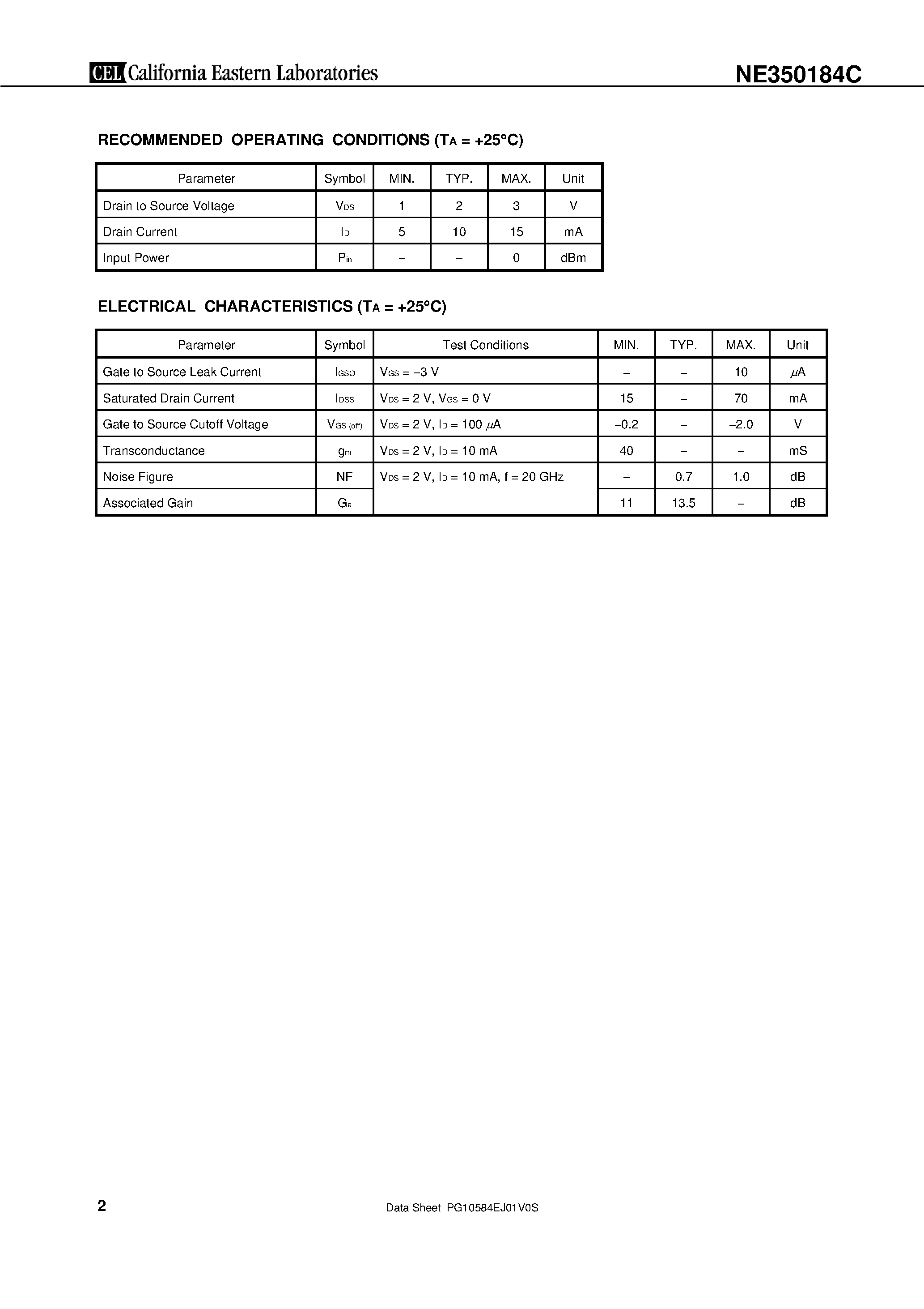 Datasheet NE350184C - HETERO JUNCTION FIELD EFFECT TRANSISTOR K-BAND SUPER LOW NOISE AMPLIFIER N-CHANNEL HJ-FET page 2