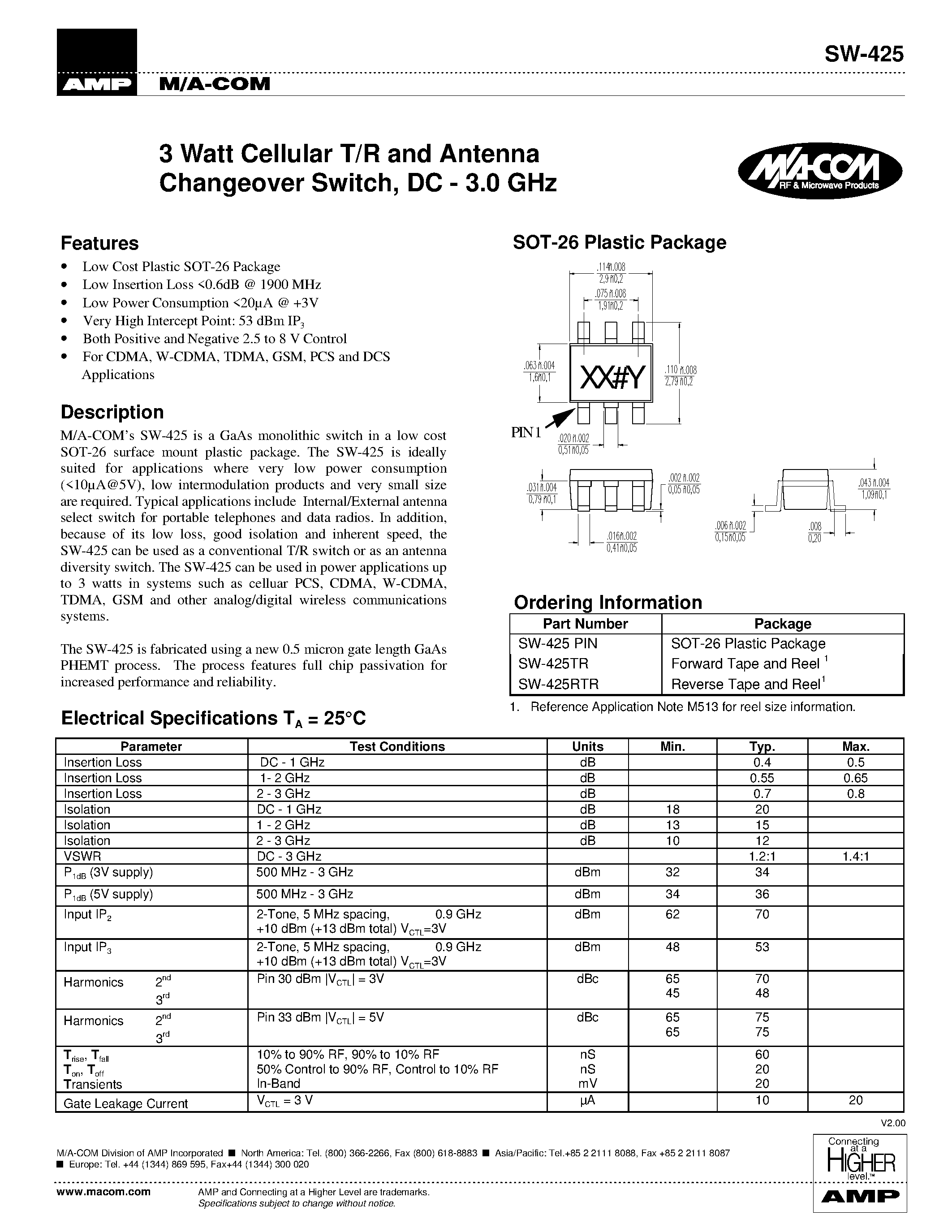 Datasheet SW-425 - 3 Watt Cellular T/R and Antenna Changeover Switch page 1