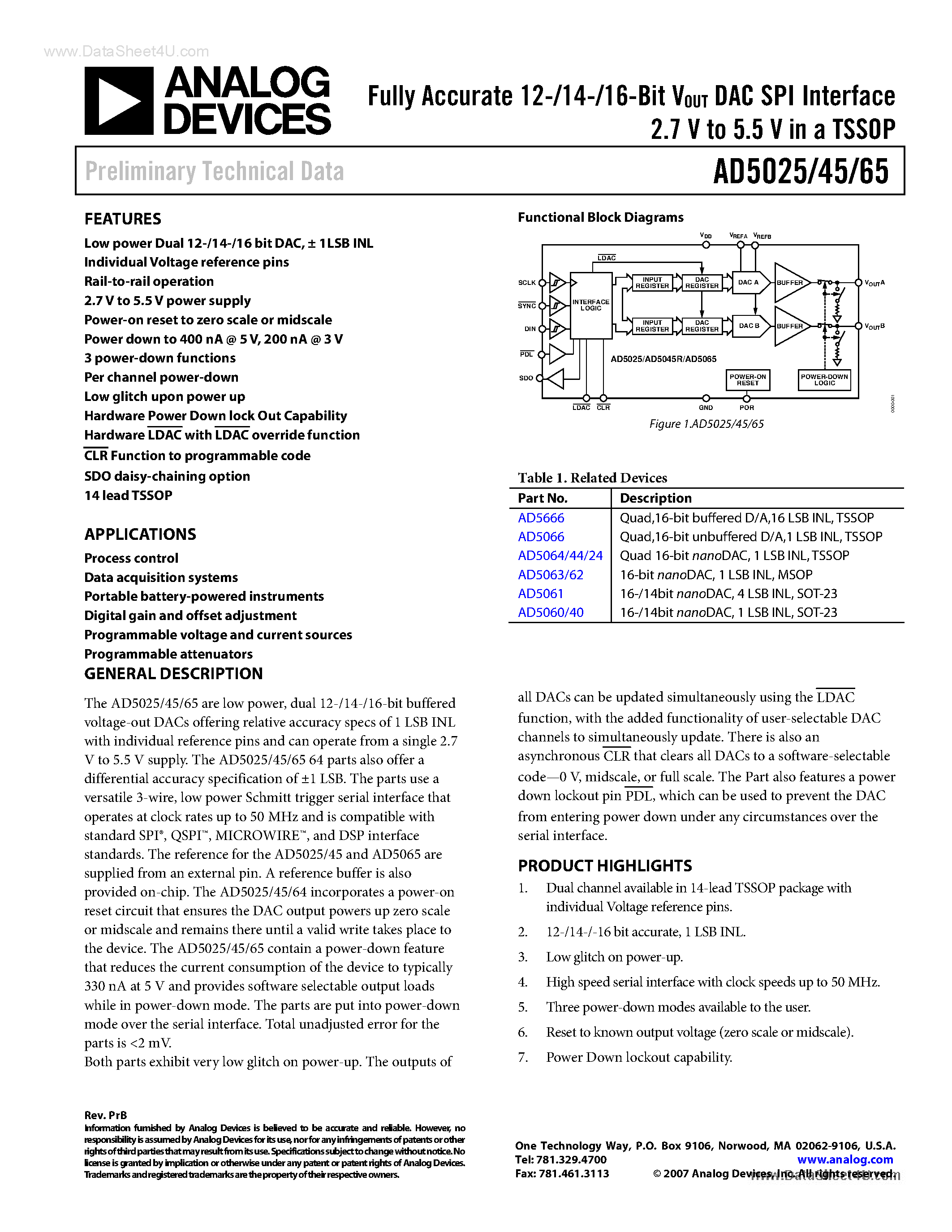 Datasheet AD5025 - (AD5025 - AD5065) DAC SPI Interface page 1