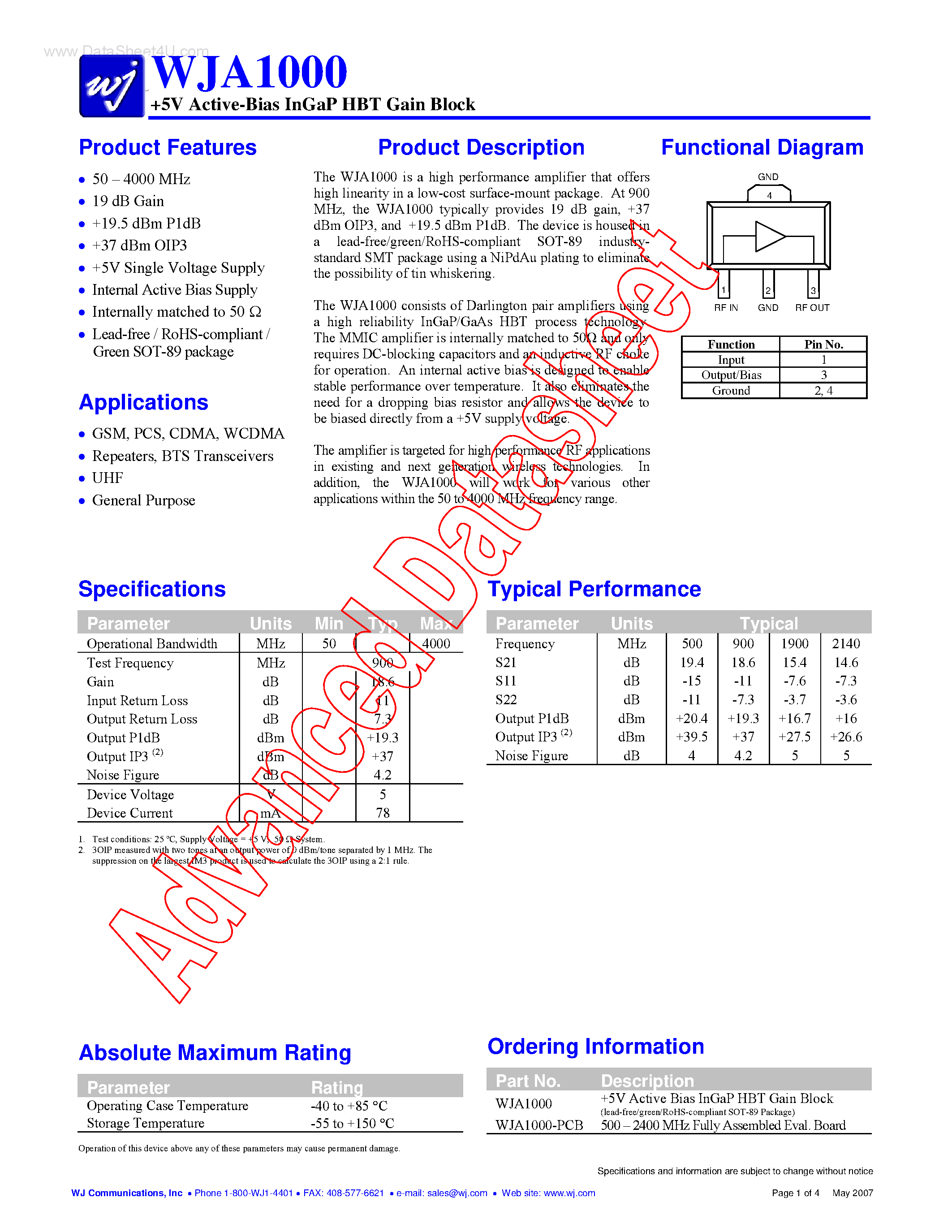 Datasheet WJA1000 - 5V Active-Bias InGaP HBT Gain Block page 1
