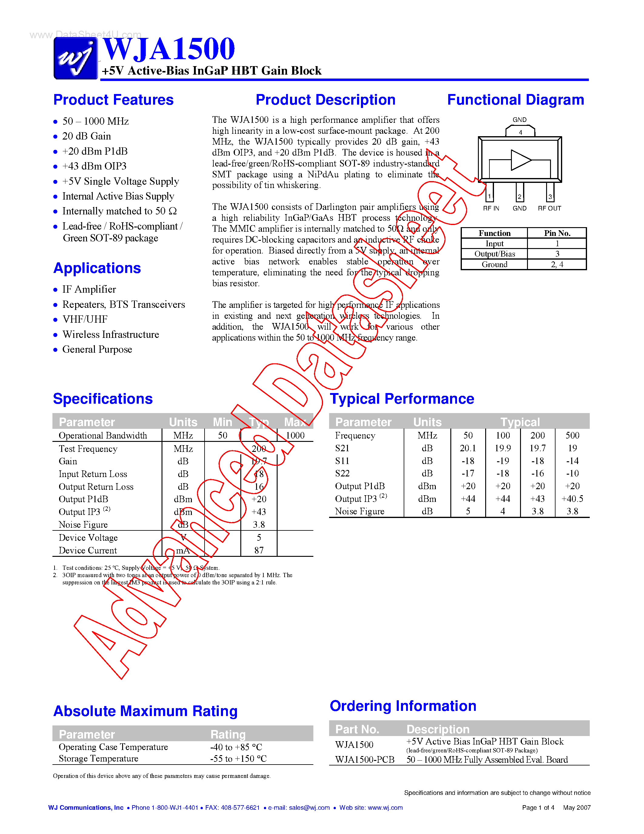 Datasheet WJA1500 - 5V Active-Bias InGaP HBT Gain Block page 1