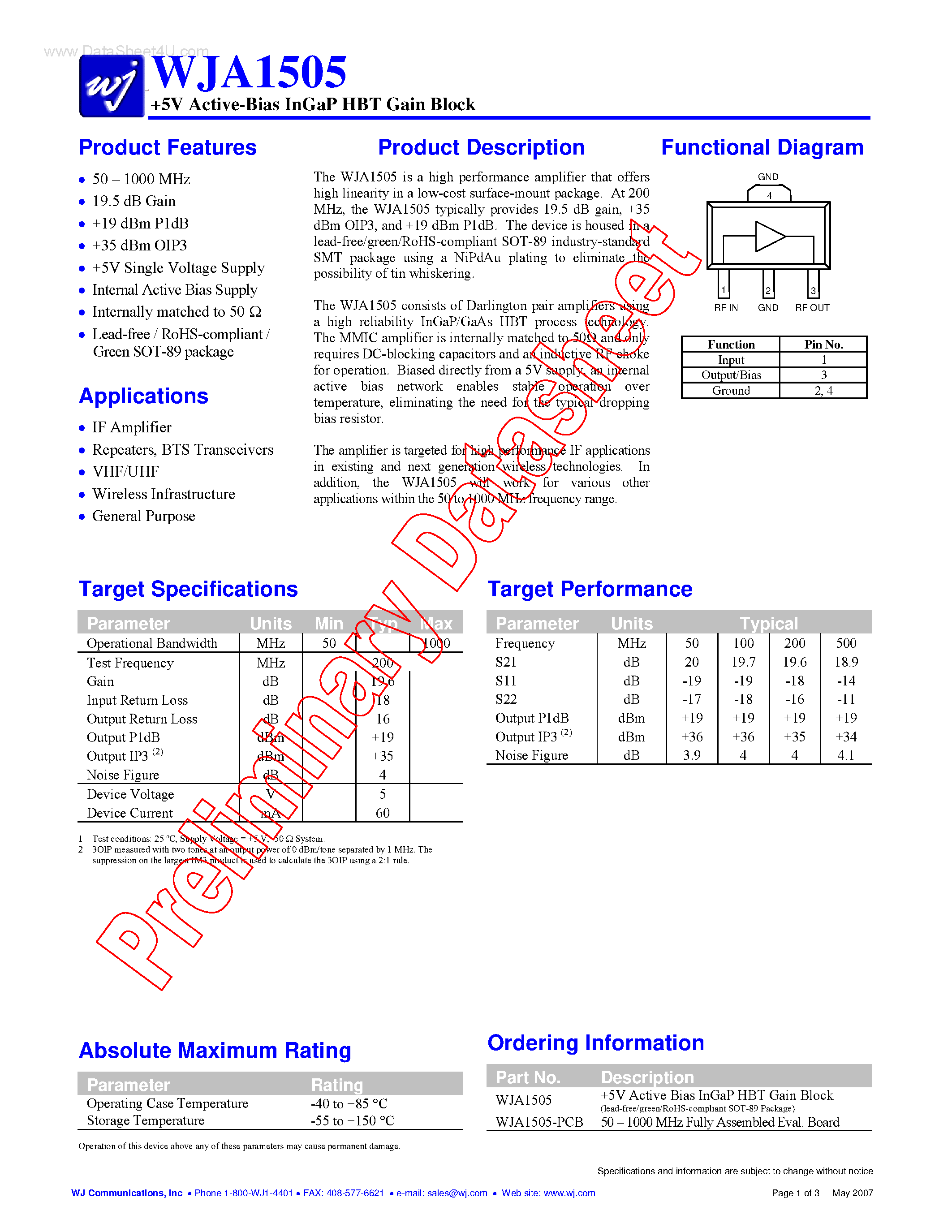 Datasheet WJA1505 - 5V Active-Bias InGaP HBT Gain Block page 1