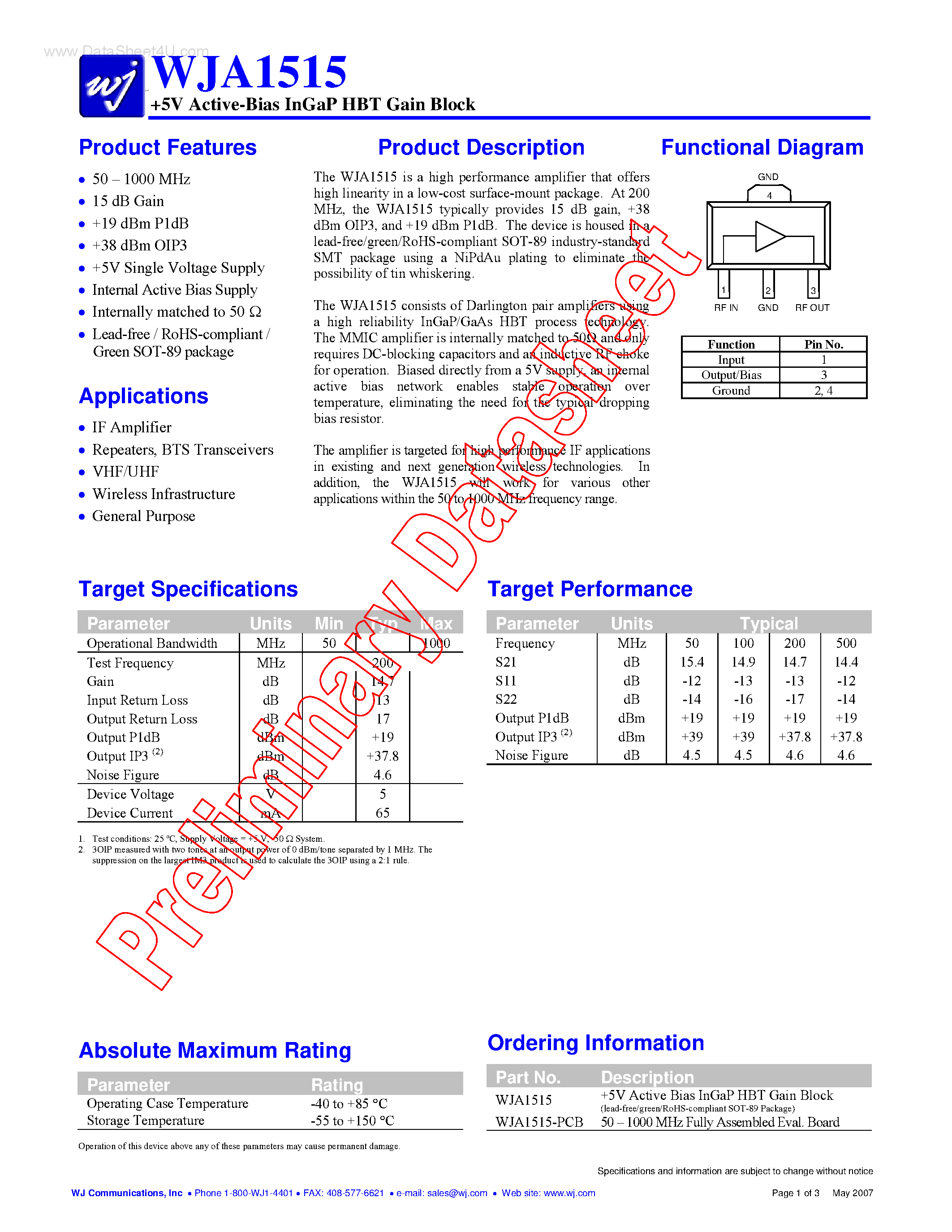 Datasheet WJA1515 - 5V Active-Bias InGaP HBT Gain Block page 1