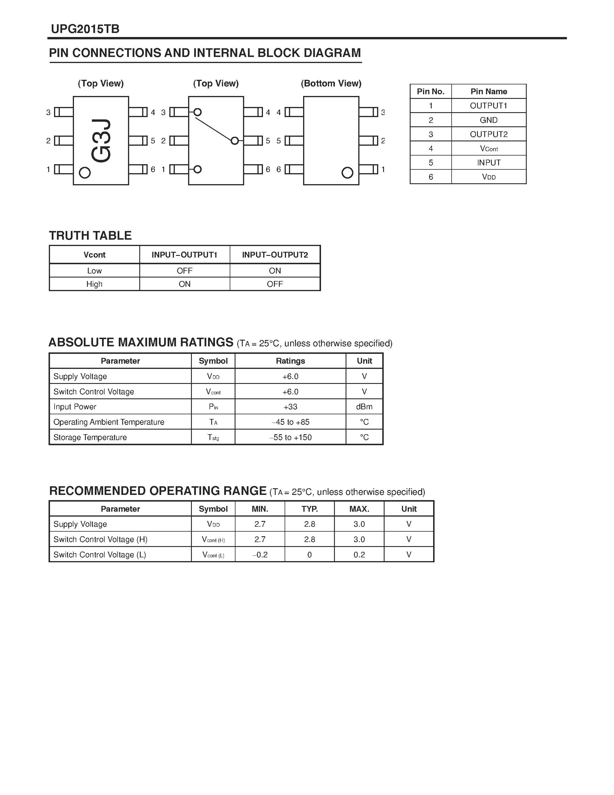 Datasheet UPG2015TB - 1W SINGLE CONTROL L / S-BAND SPDT SWITCH page 2