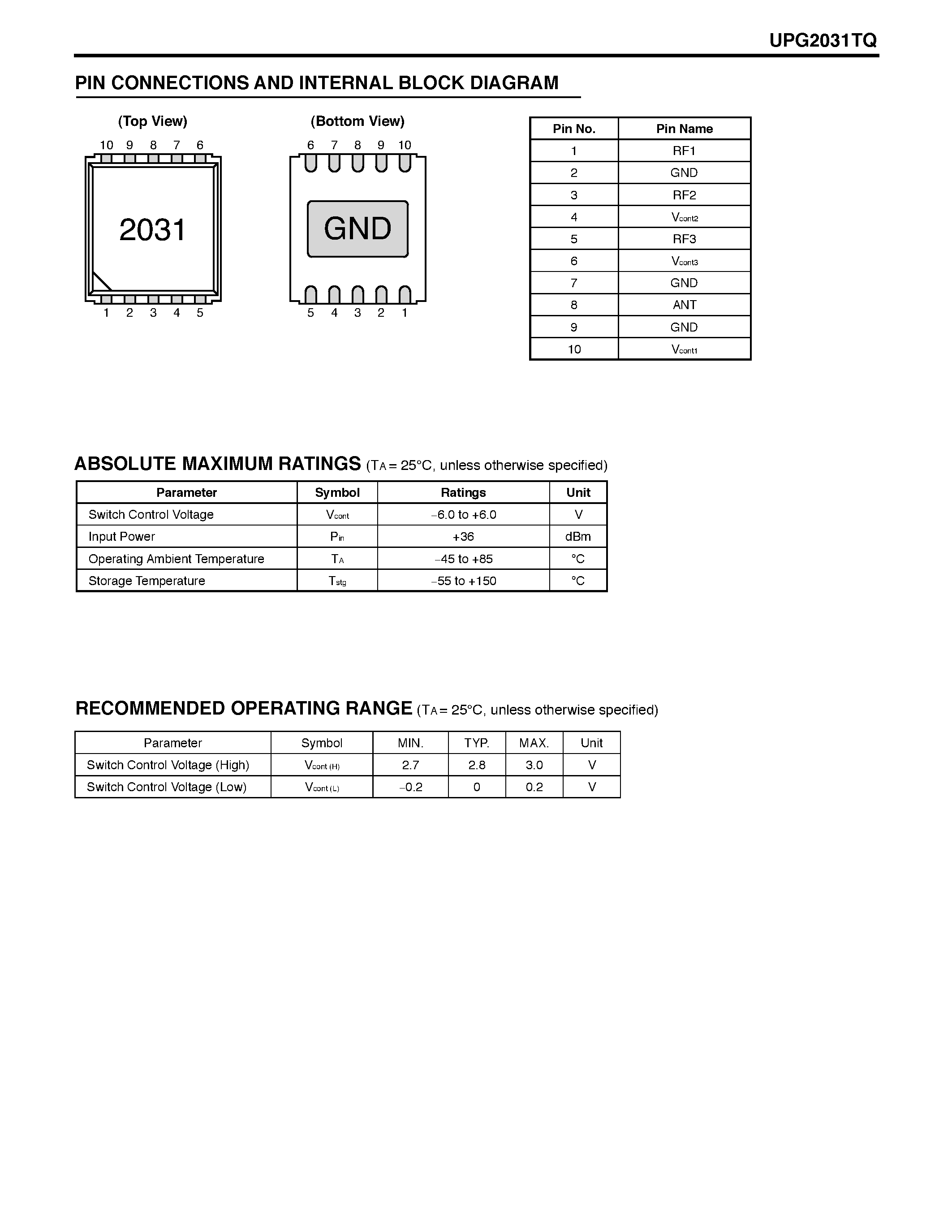 Datasheet UPG2031TQ - L-BAND SP3T SWITCH page 2