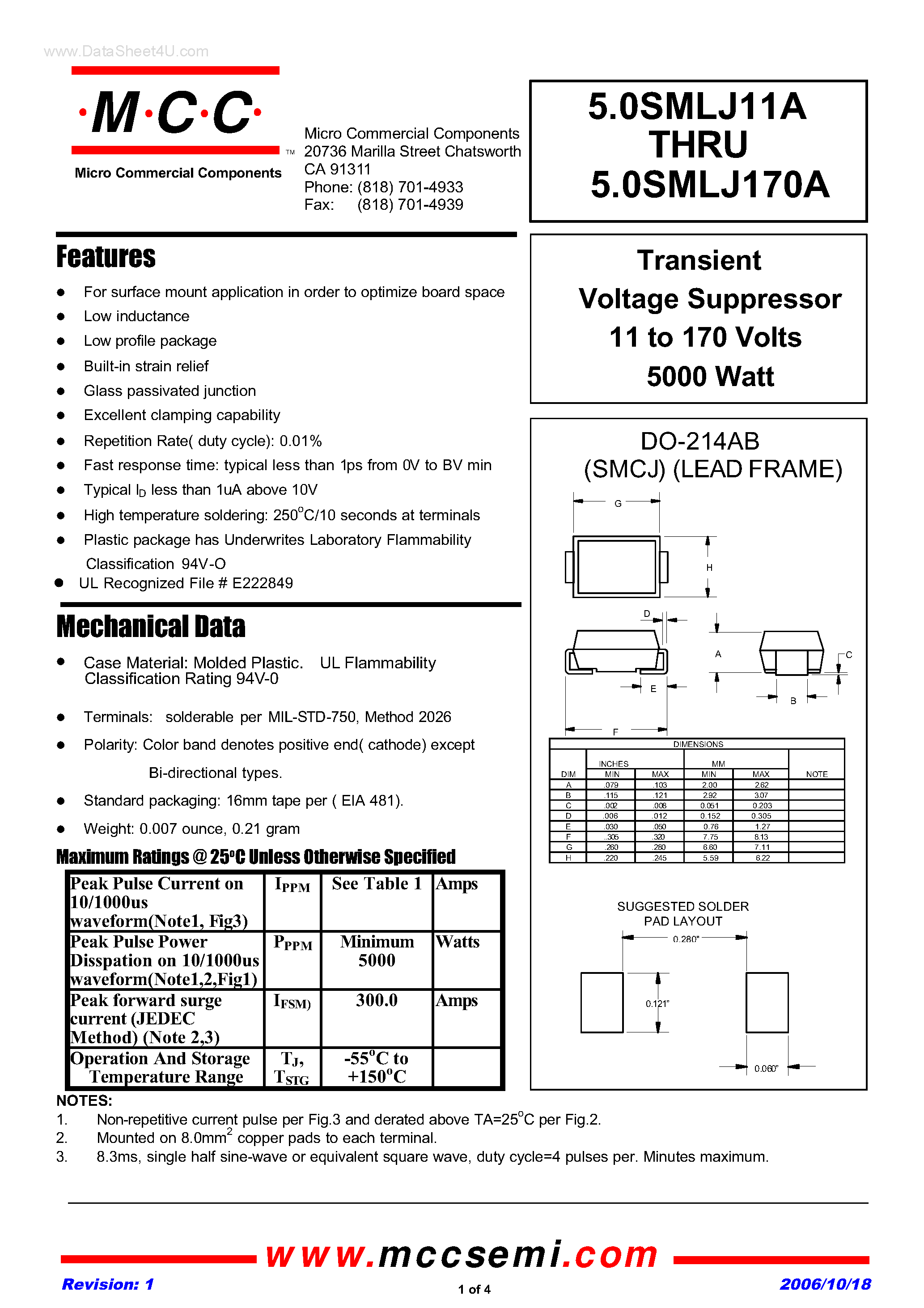 Datasheet 5.0SMLJ11A - (5.0SMLJ11A - 5.0SMLJ170A) Transient Voltage Suppressor page 1