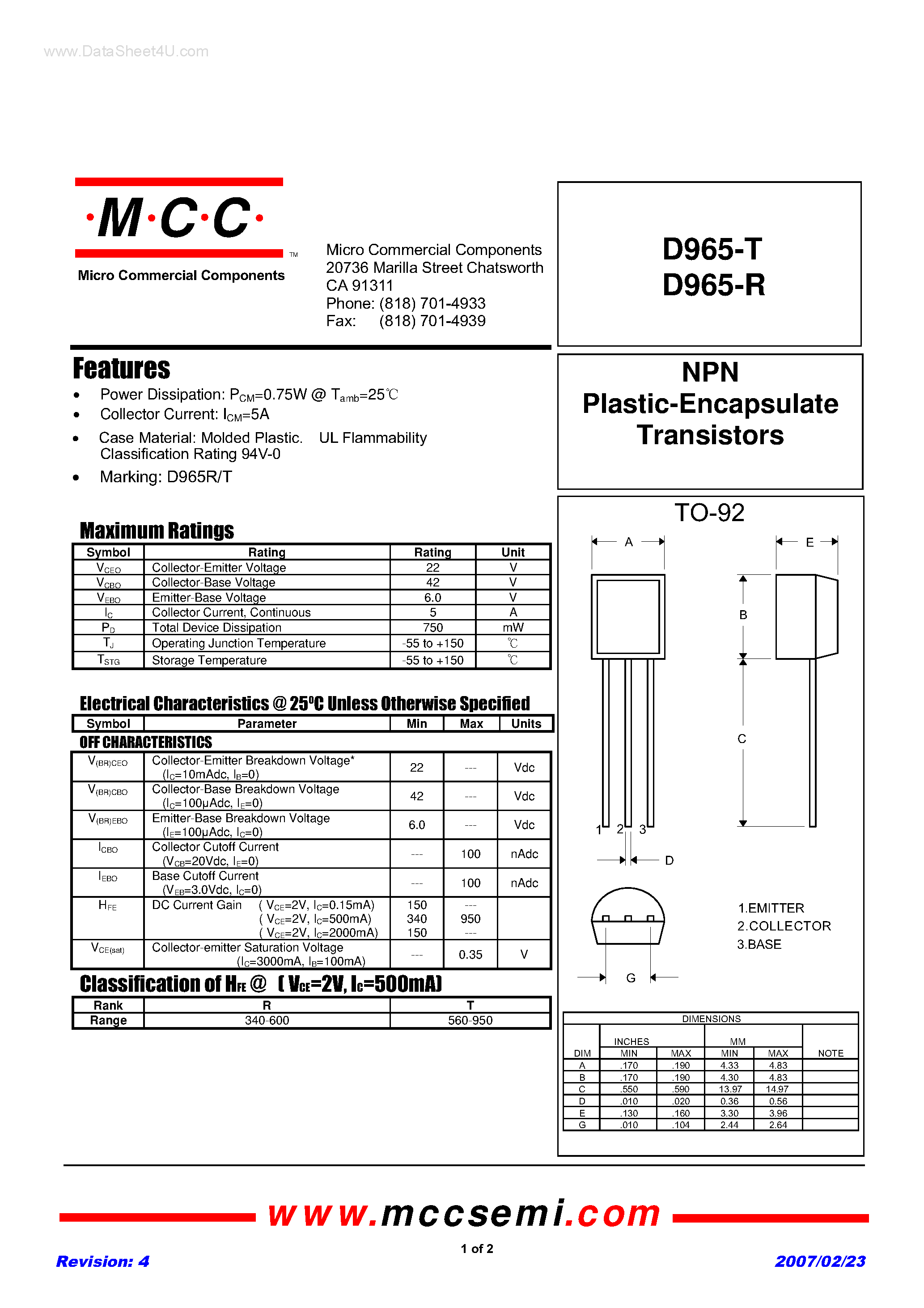 Даташит D965-R - (D965-R/-T) NPN Plastic-Encapsulate Transistors страница 1