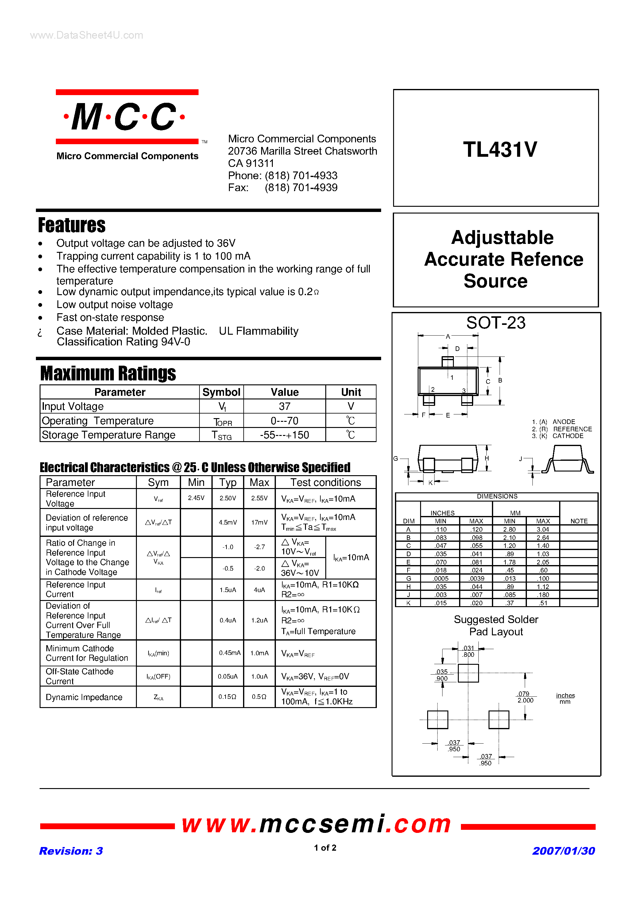 Datasheet TL431V - Adjusttable Accurate Refence Source page 1