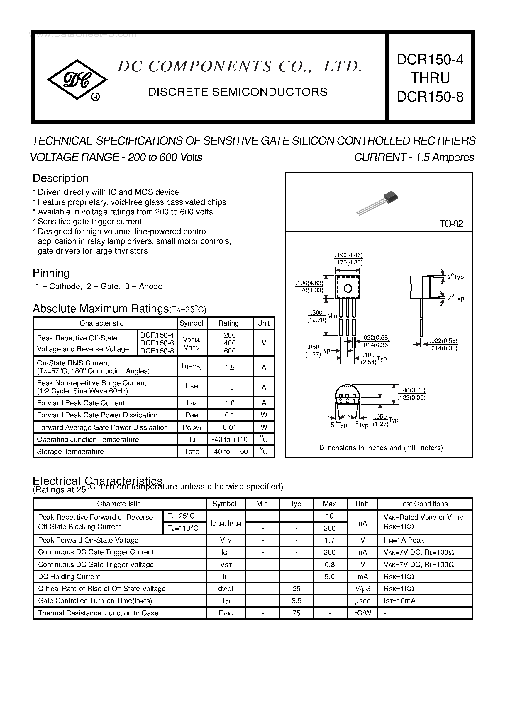 Даташит DCR150-4 - (DCR150-4 - DCR150-8) TECHNICAL SPECIFICATIONS OF SENSITIVE GATE SILICON CONTROLLED RECTIFIERS страница 1