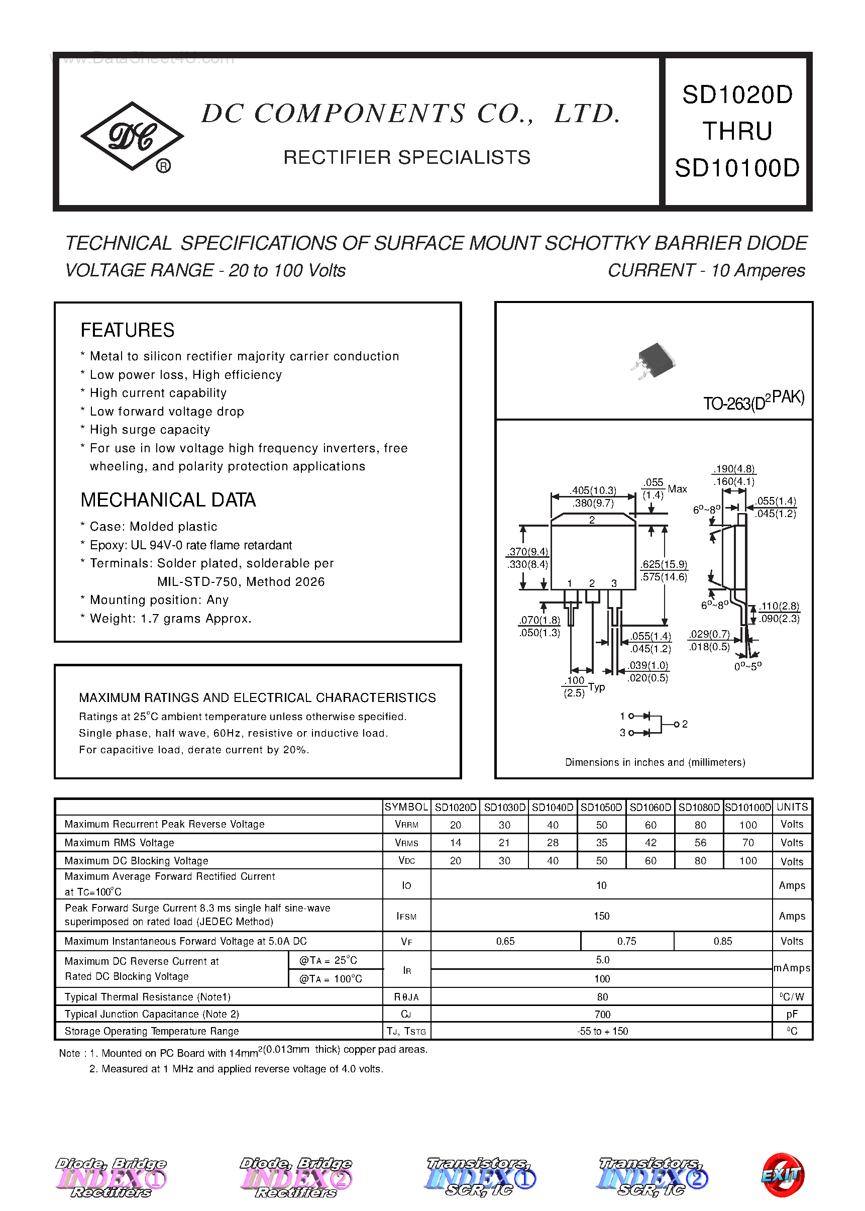 Datasheet SD10100D - (SD1020D - SD10100D) TECHNICAL SPECIFICATIONS OF SURFACE MOUNT SCHOTTKY BARRIER DIODE page 1