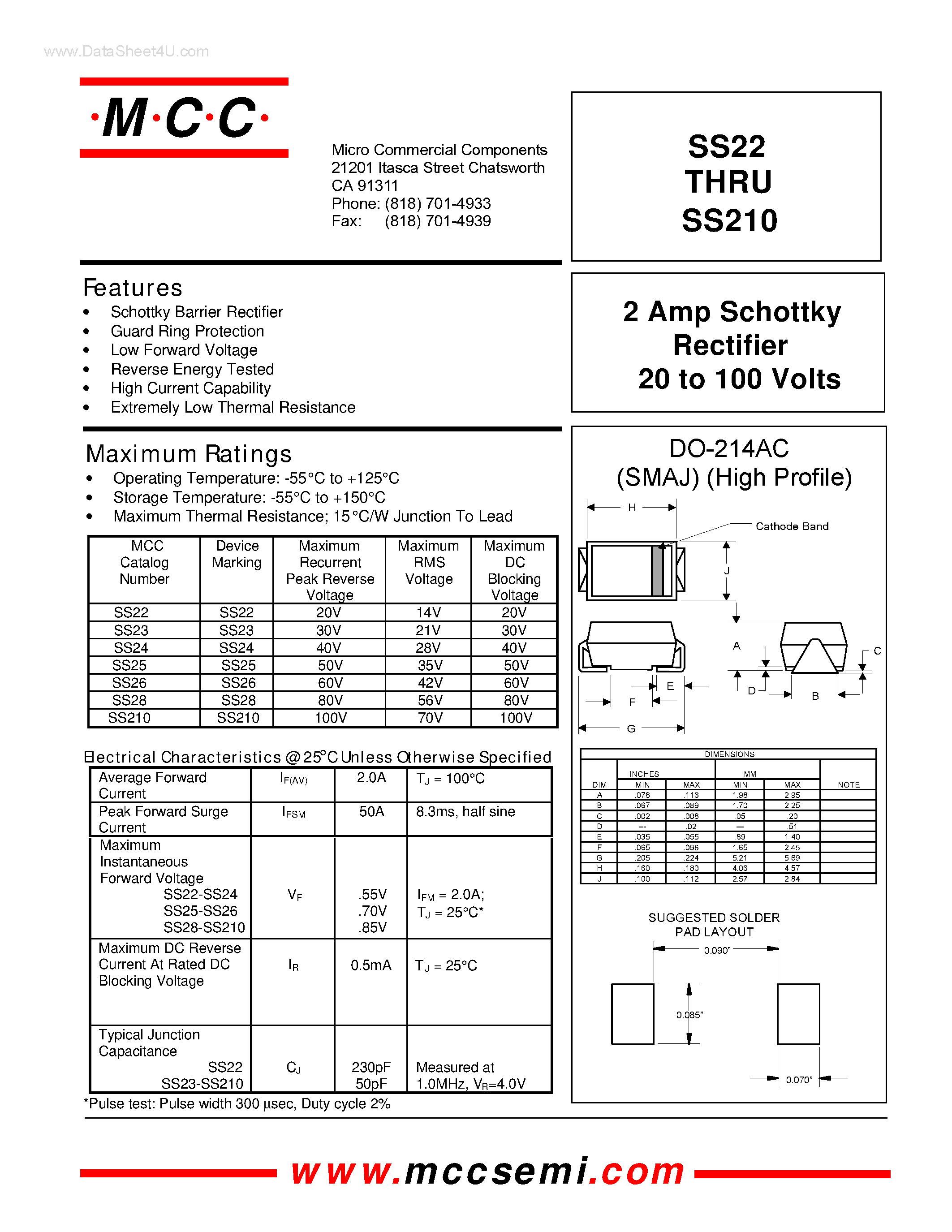 Datasheet SS210 - (SS22 - SS210) 2 Amp Schottky Rectifier page 1