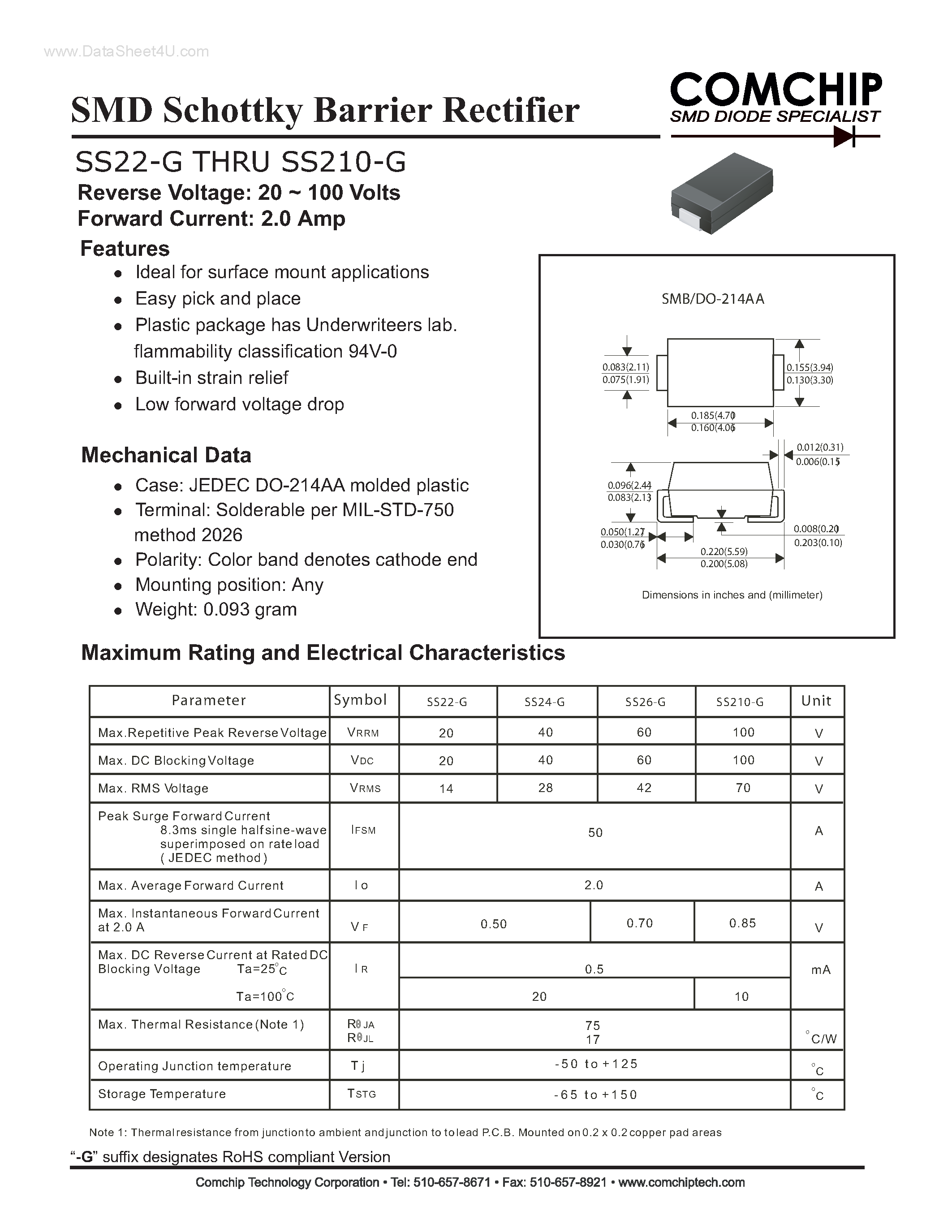 Даташит SS210-G - (SS22-G - SS210-G) SMD Schottky Barrier Rectifier страница 1