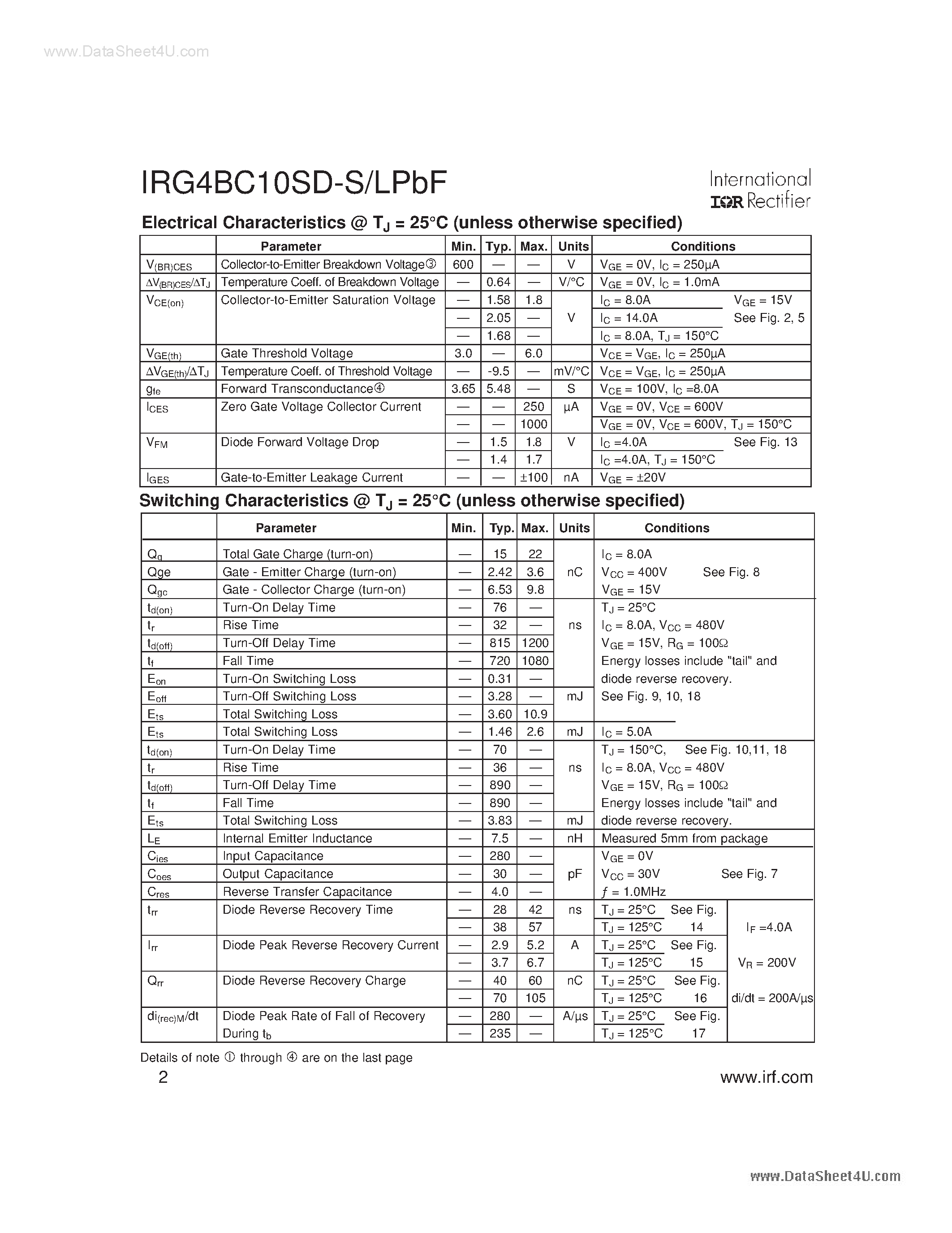 Datasheet IRG4BC10SD-LPBF - INSULATED GATE BIPOLAR TRANSISTOR page 2