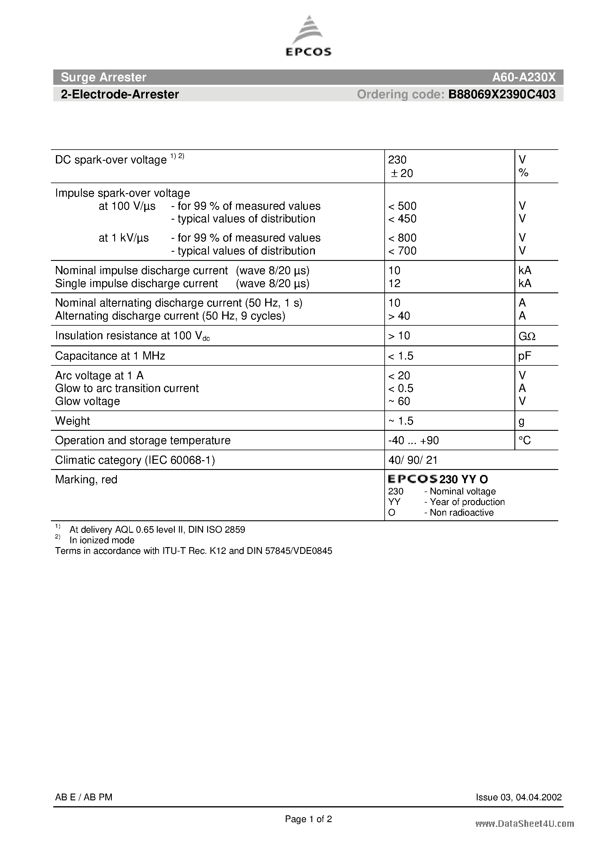 Datasheet A60-A230X - 2-Electrode-Arrester page 1
