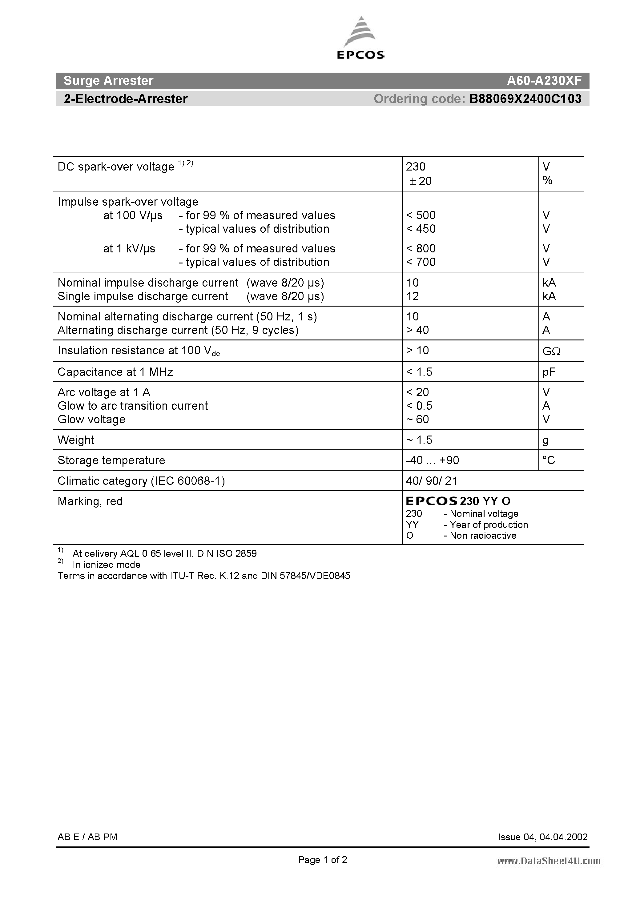 Datasheet A60-A230XF - 2-Electrode-Arrester page 1