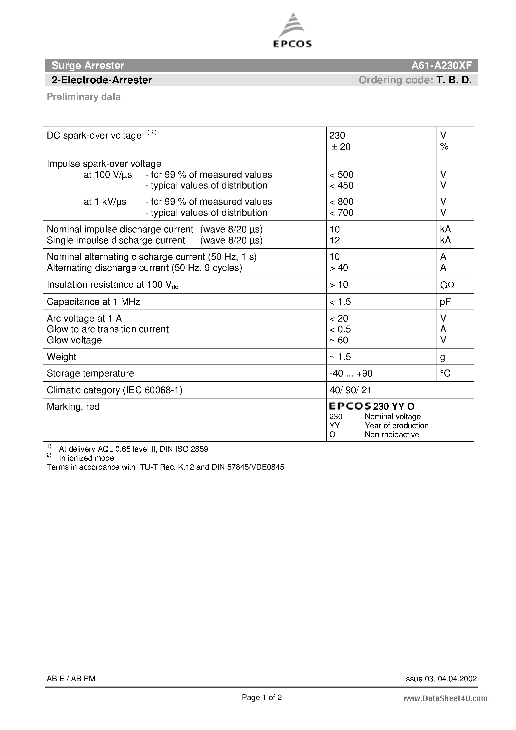 Datasheet A61-A230XF - 2-Electrode-Arrester page 1