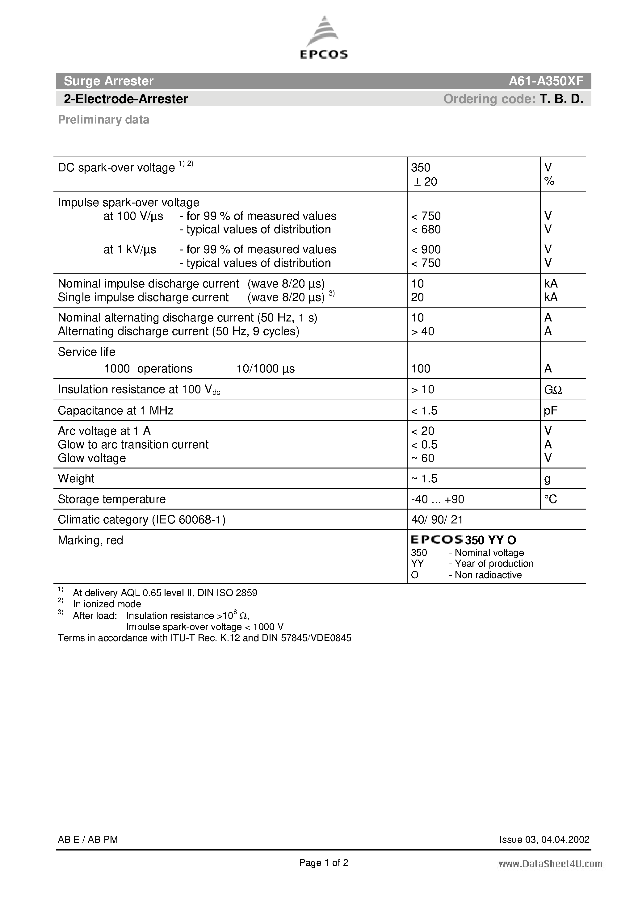 Datasheet A61-A350XF - 2-Electrode-Arrester page 1