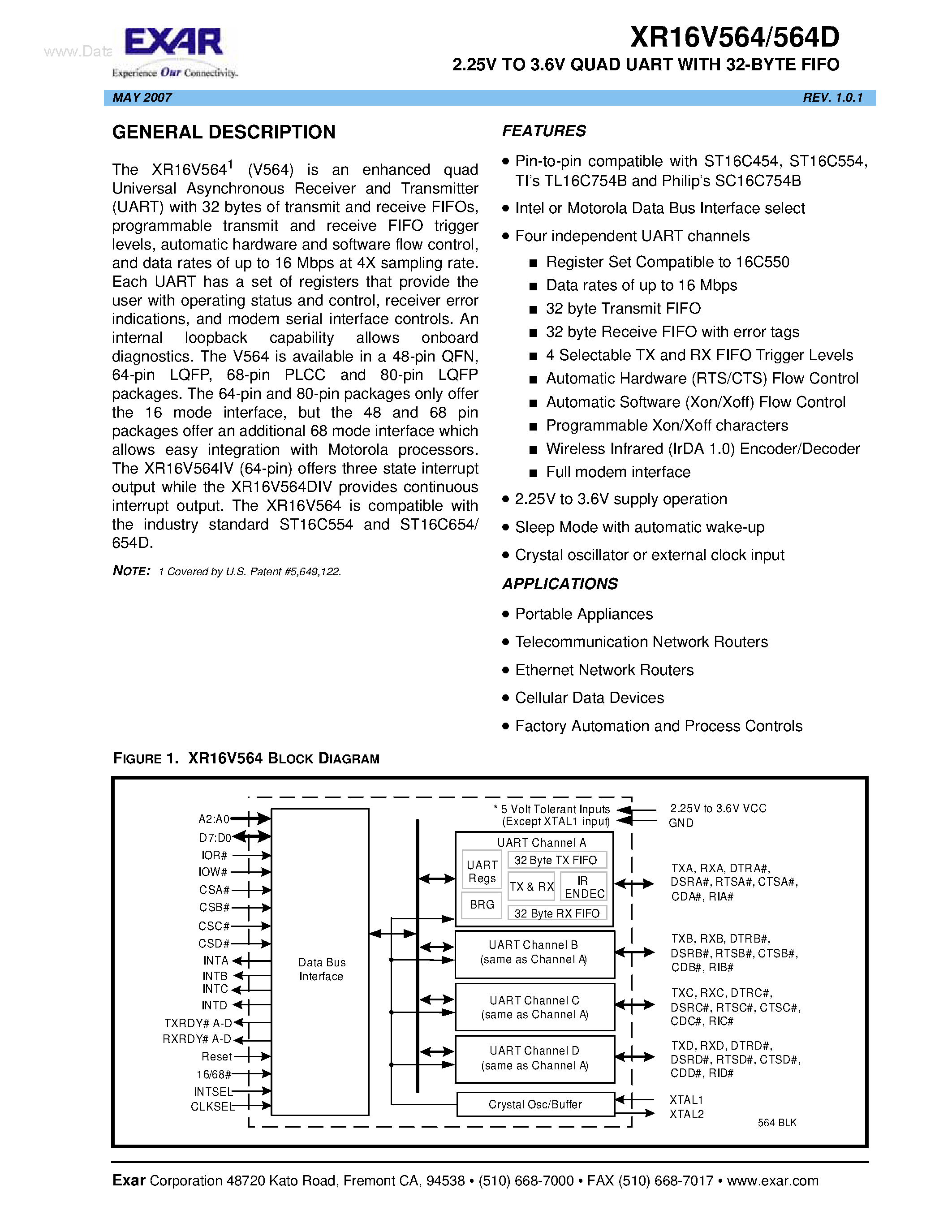 Datasheet XR16V564 - 2.25V TO 3.6V QUAD UART page 1