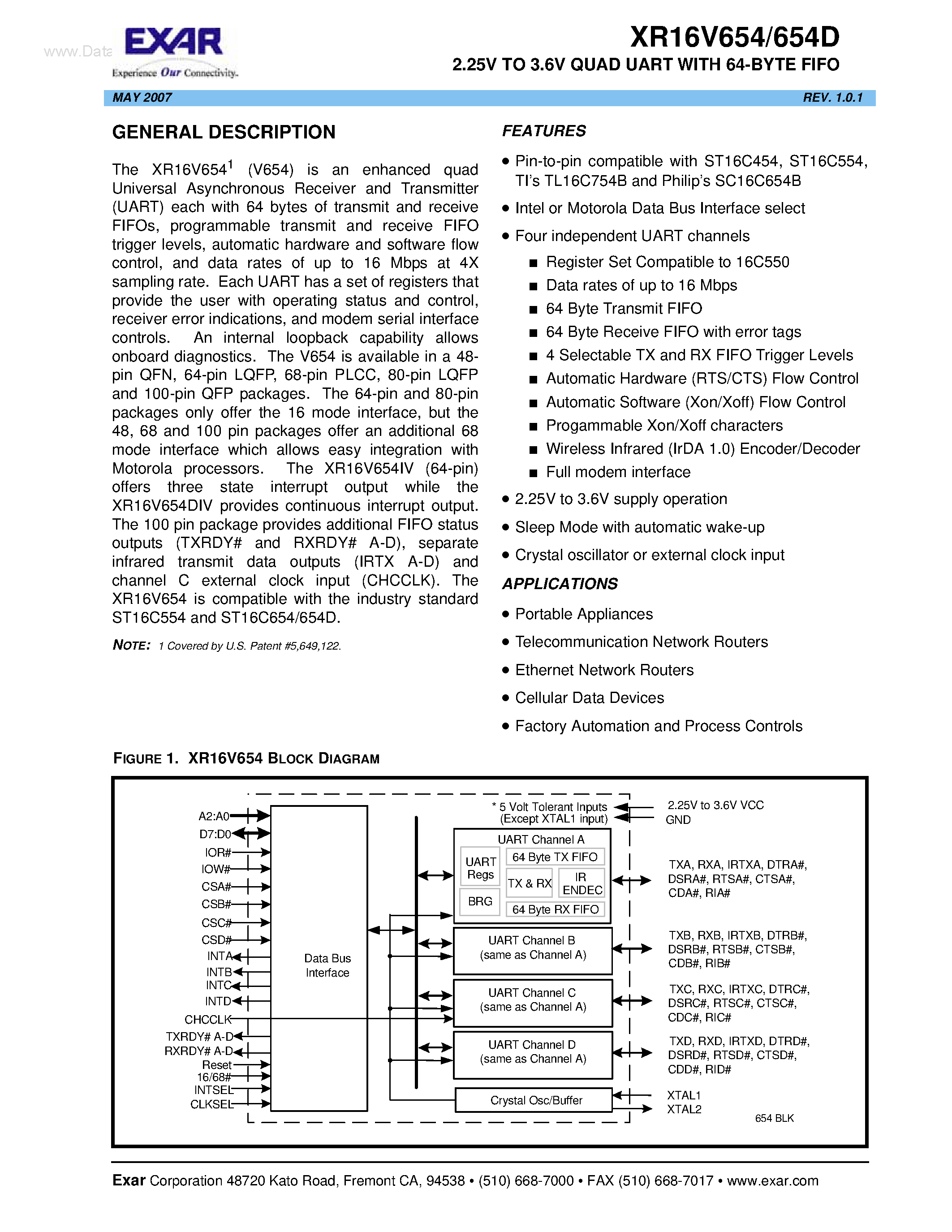 Datasheet XR16V654 - 2.25V TO 3.6V QUAD UART page 1