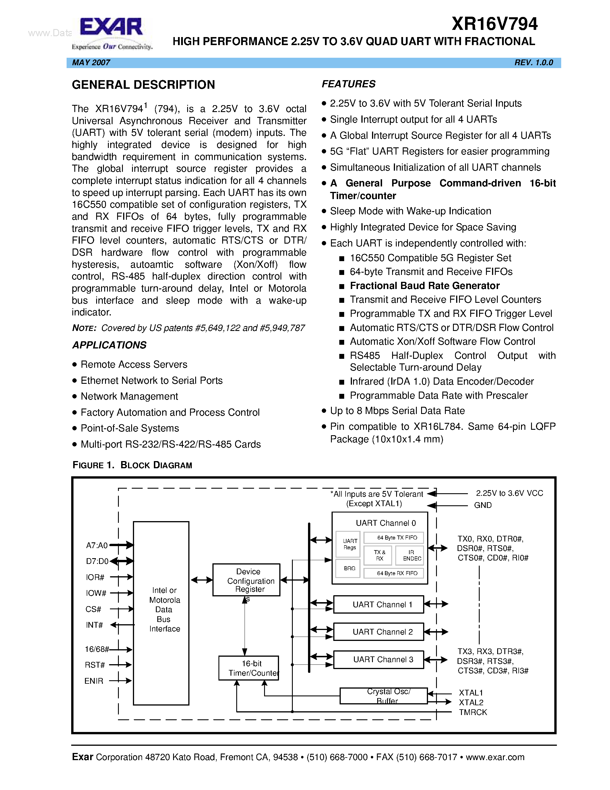 Datasheet XR16V794 - HIGH PERFORMANCE 2.25V TO 3.6V QUAD UART page 1