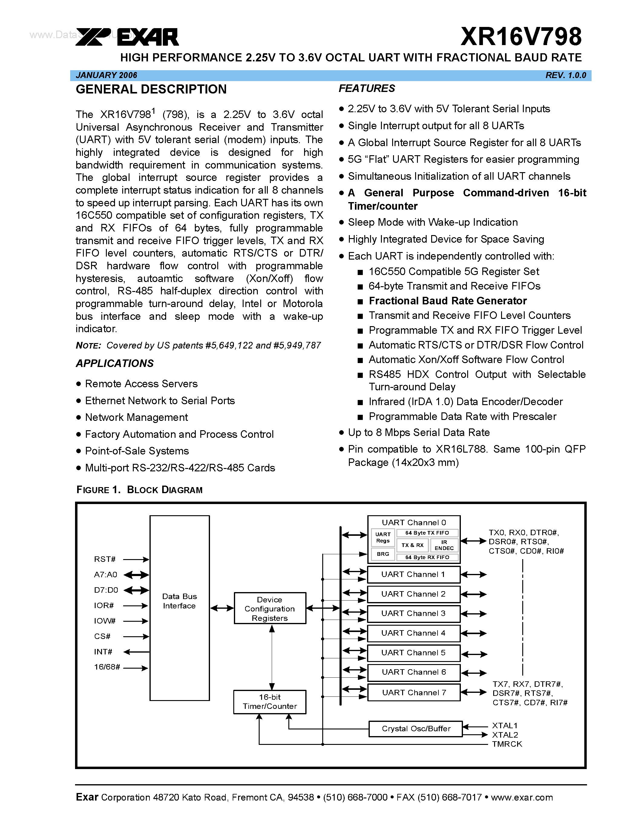 Datasheet XR16V798 - HIGH PERFORMANCE 2.25V TO 3.6V OCTAL UART page 1