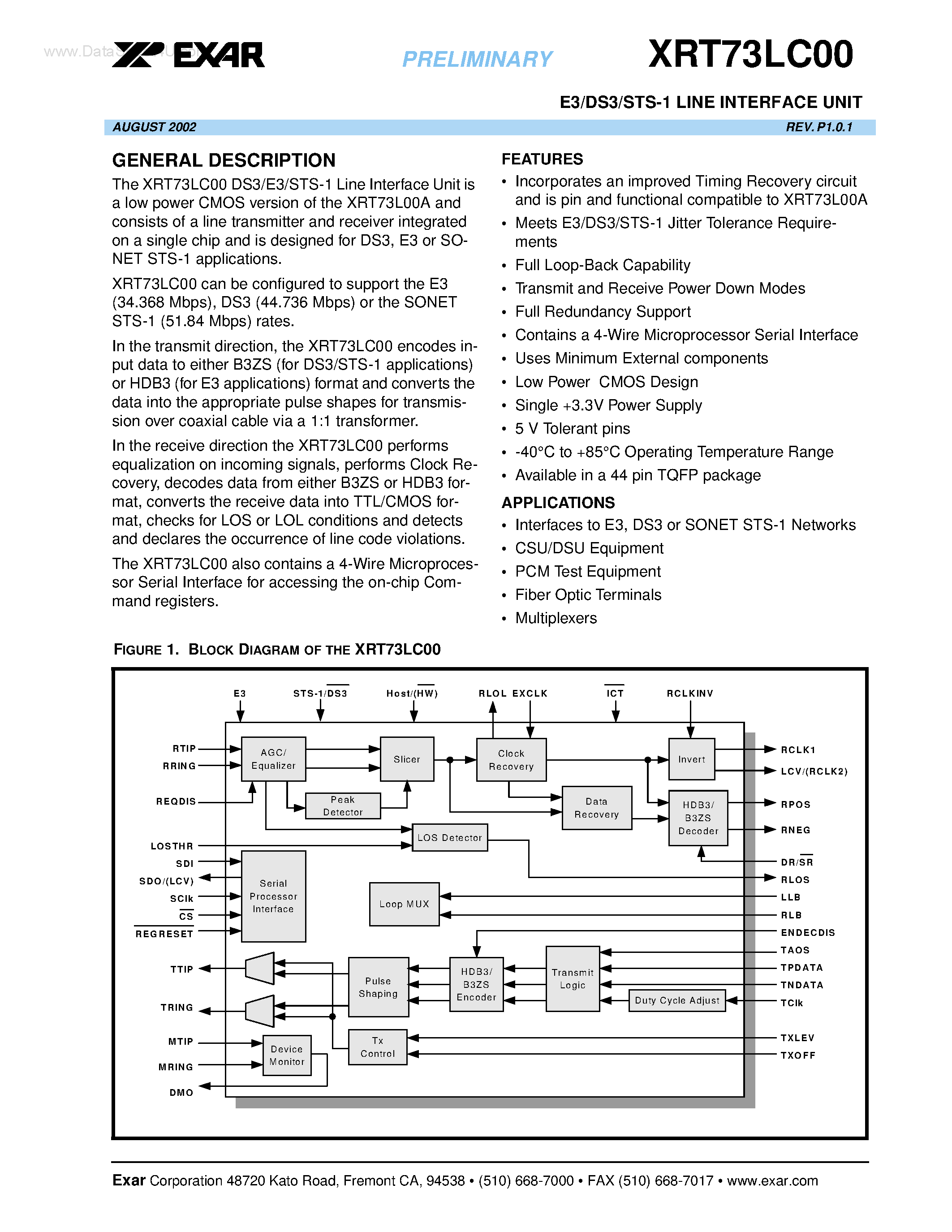 Даташит XRT73LC00 - E3/DS3/STS-1 LINE INTERFACE UNIT страница 1