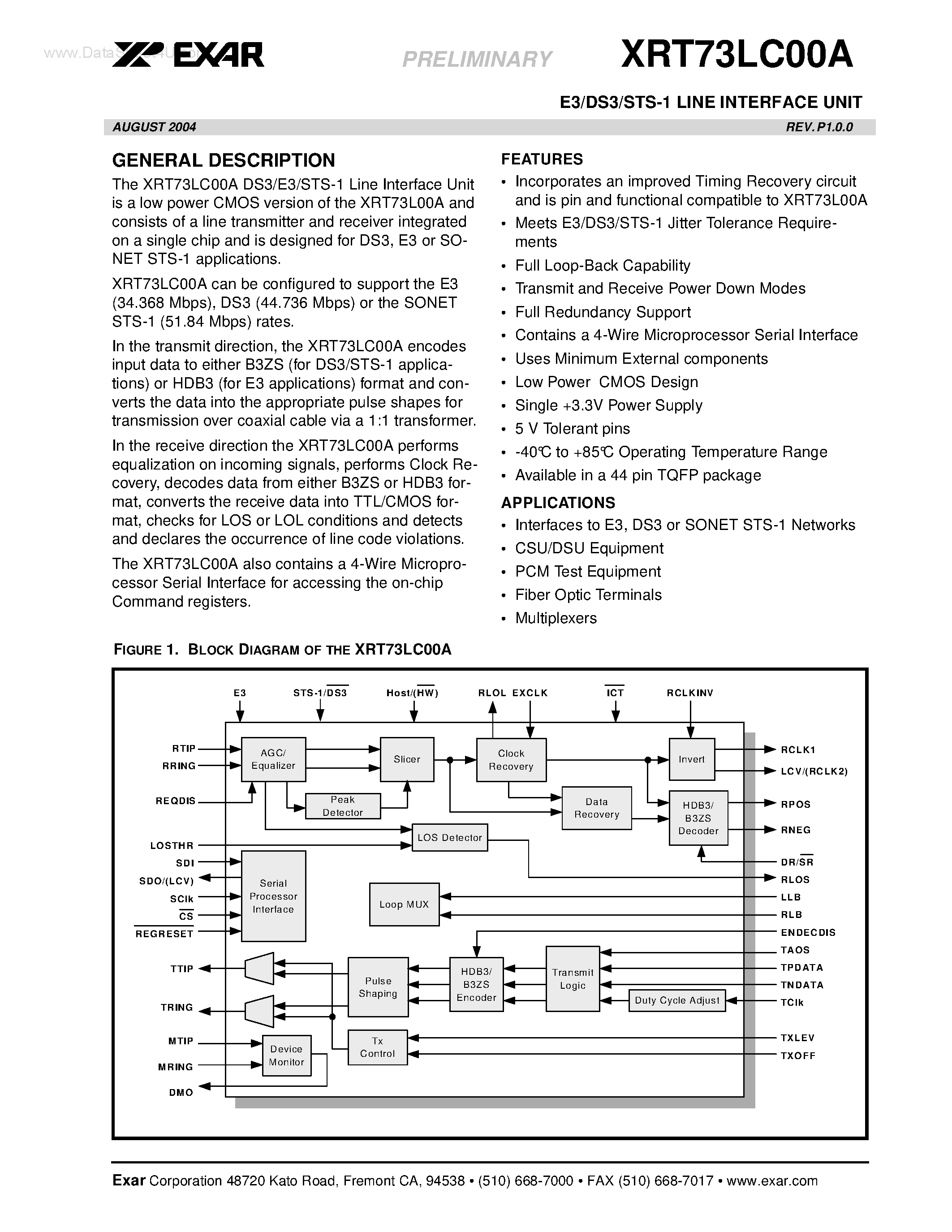 Даташит XRT73LC00A - E3/DS3/STS-1 LINE INTERFACE UNIT страница 1