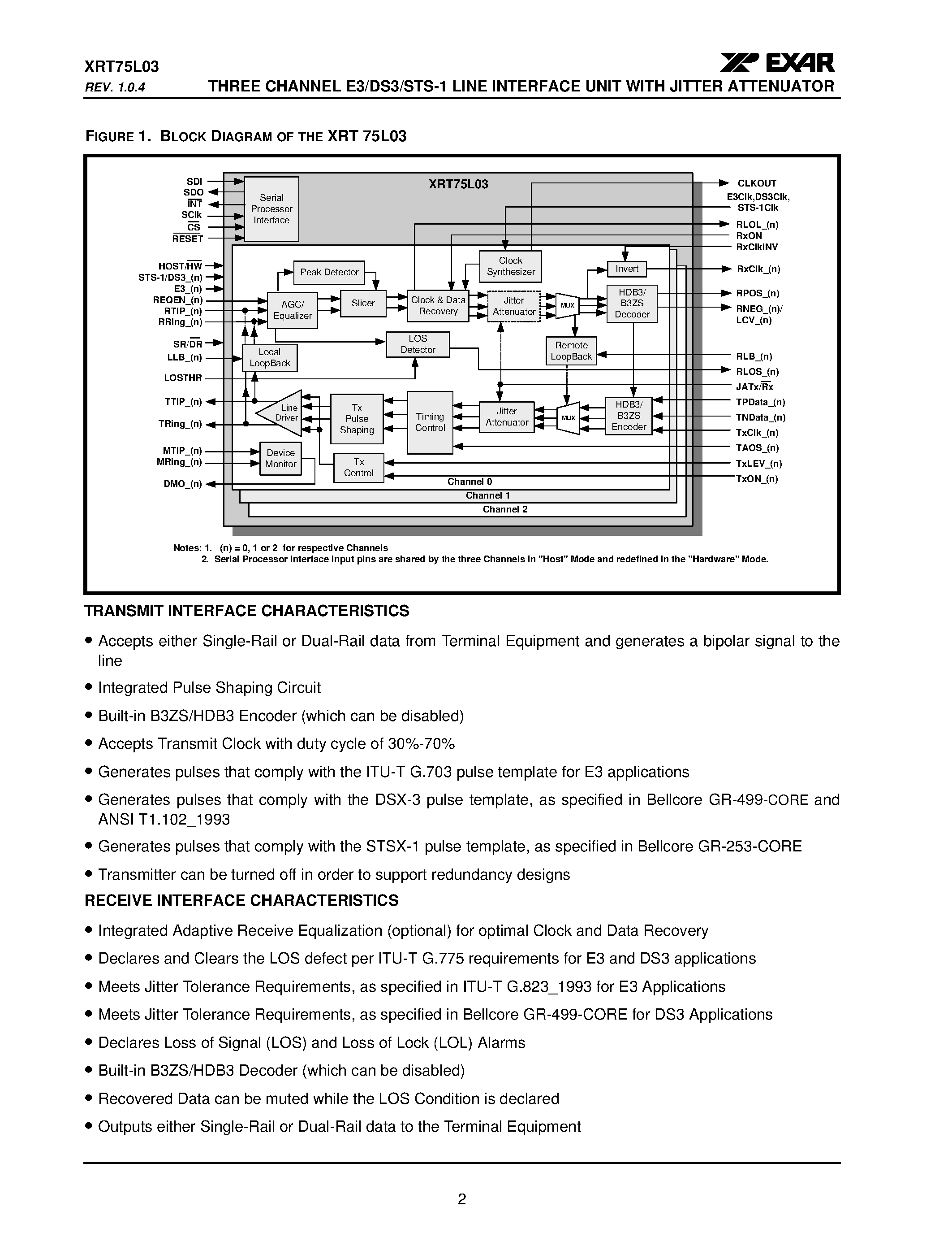 Даташит XRT75L03 - THREE CHANNEL E3/DS3/STS-1 LINE INTERFACE UNIT страница 2