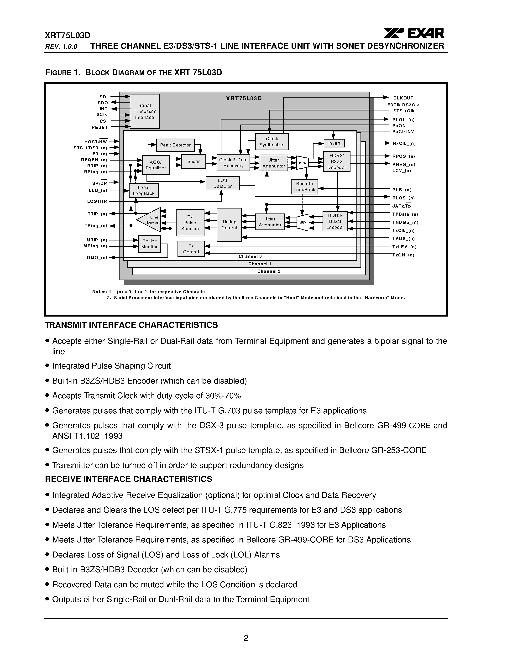 Даташит XRT75L03D - THREE CHANNEL E3/DS3/STS-1 LINE INTERFACE UNIT страница 2
