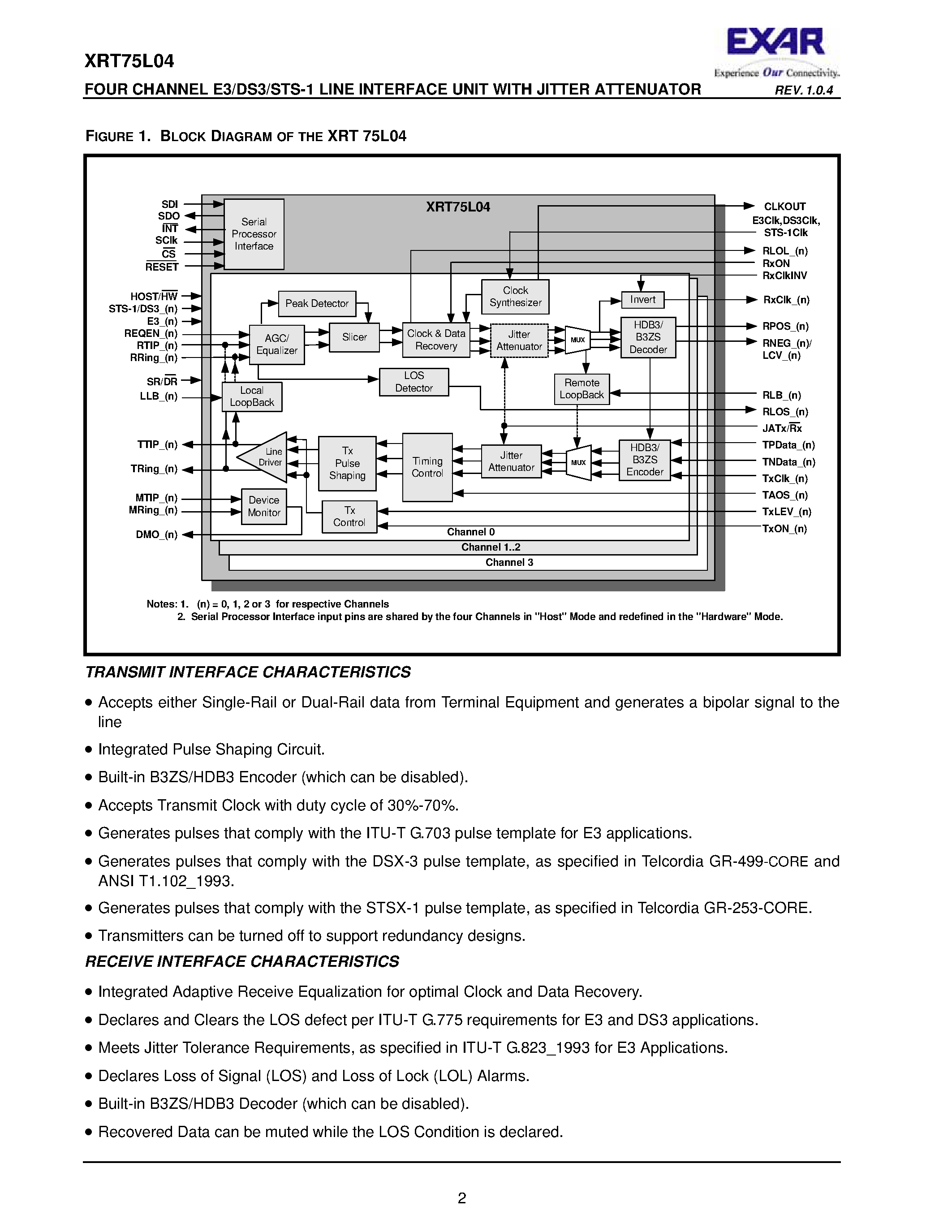 Даташит XRT75L04 - FOUR CHANNEL E3/DS3/STS-1 LINE INTERFACE UNIT страница 2