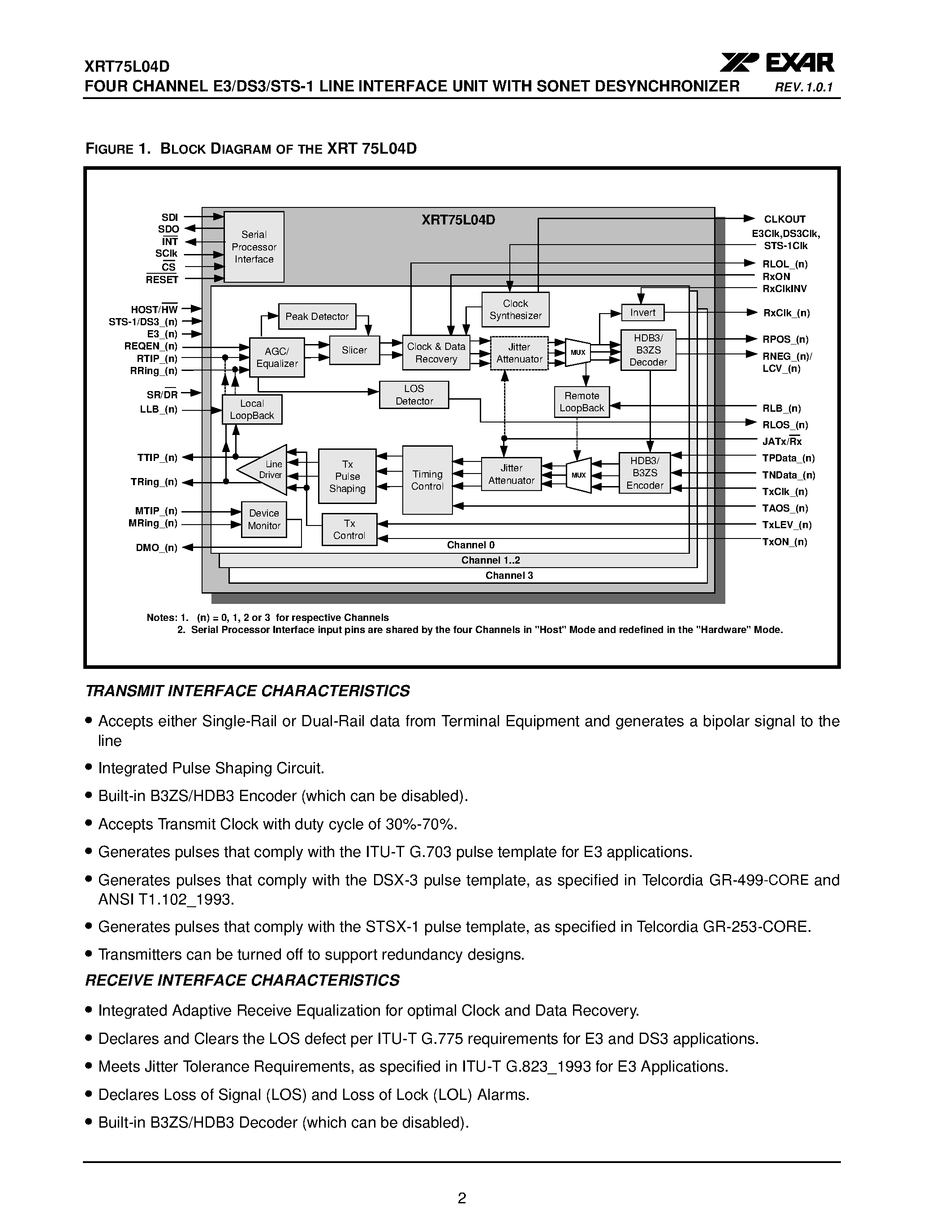 Даташит XRT75L04D - FOUR CHANNEL E3/DS3/STS-1 LINE INTERFACE UNIT страница 2