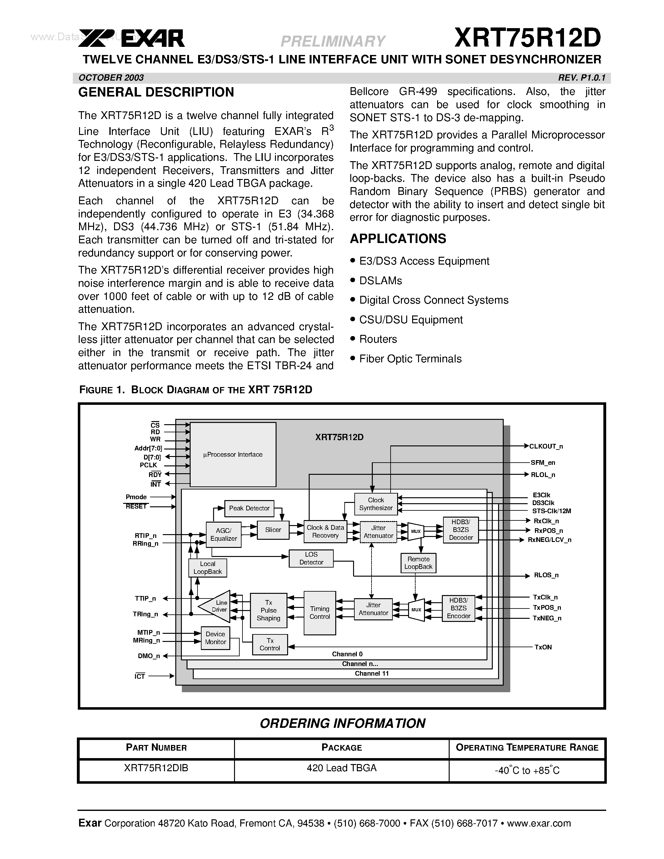 Даташит XRT75R12D - TWELVE CHANNEL E3/DS3/STS-1 LINE INTERFACE UNIT страница 1