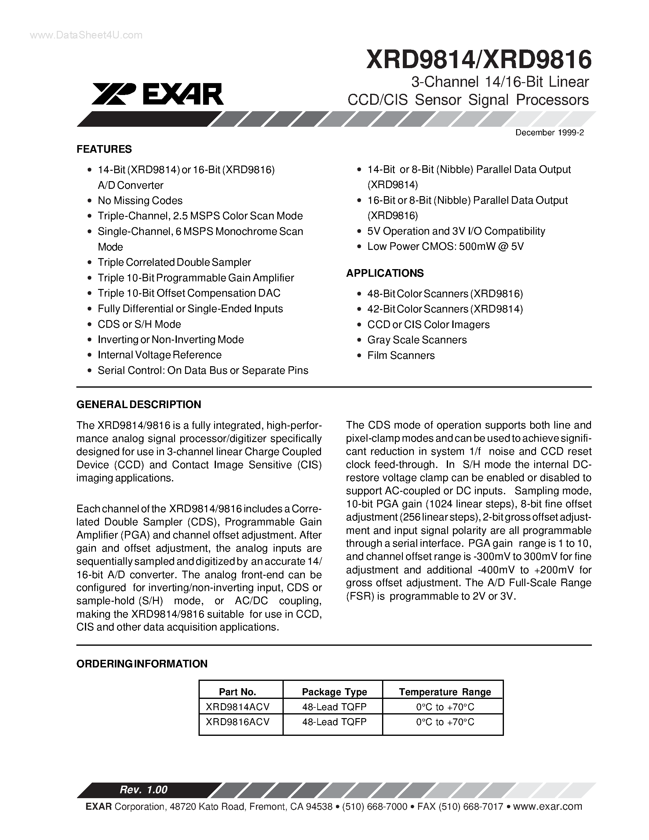 Datasheet XRD9814 - (XRD9814 / XRD9816) 3-Channel 14/16-Bit Linear CCD/CIS Sensor Signal Processors page 1