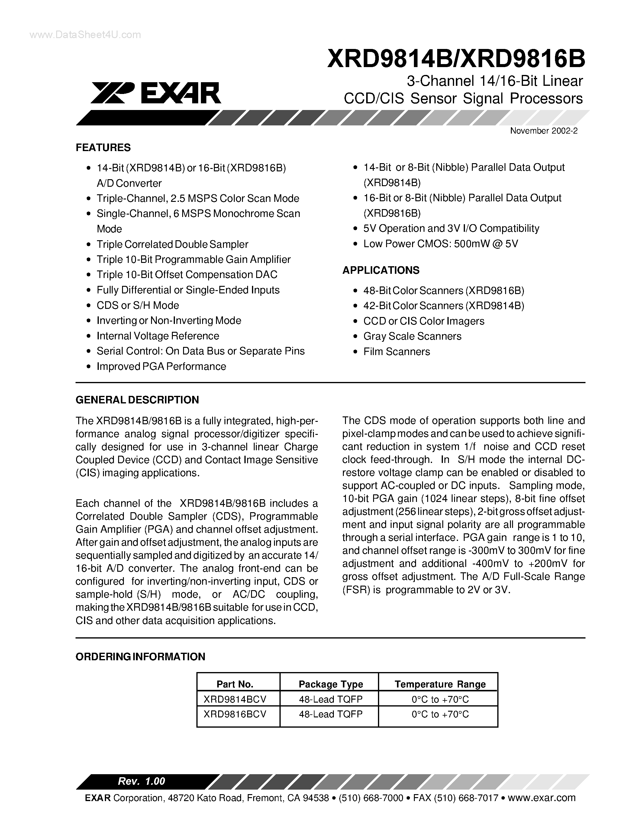 Datasheet XRD9814B - (XRD9814B / XRD9816B) 3-Channel 14/16-Bit Linear CCD/CIS Sensor Signal Processors page 1