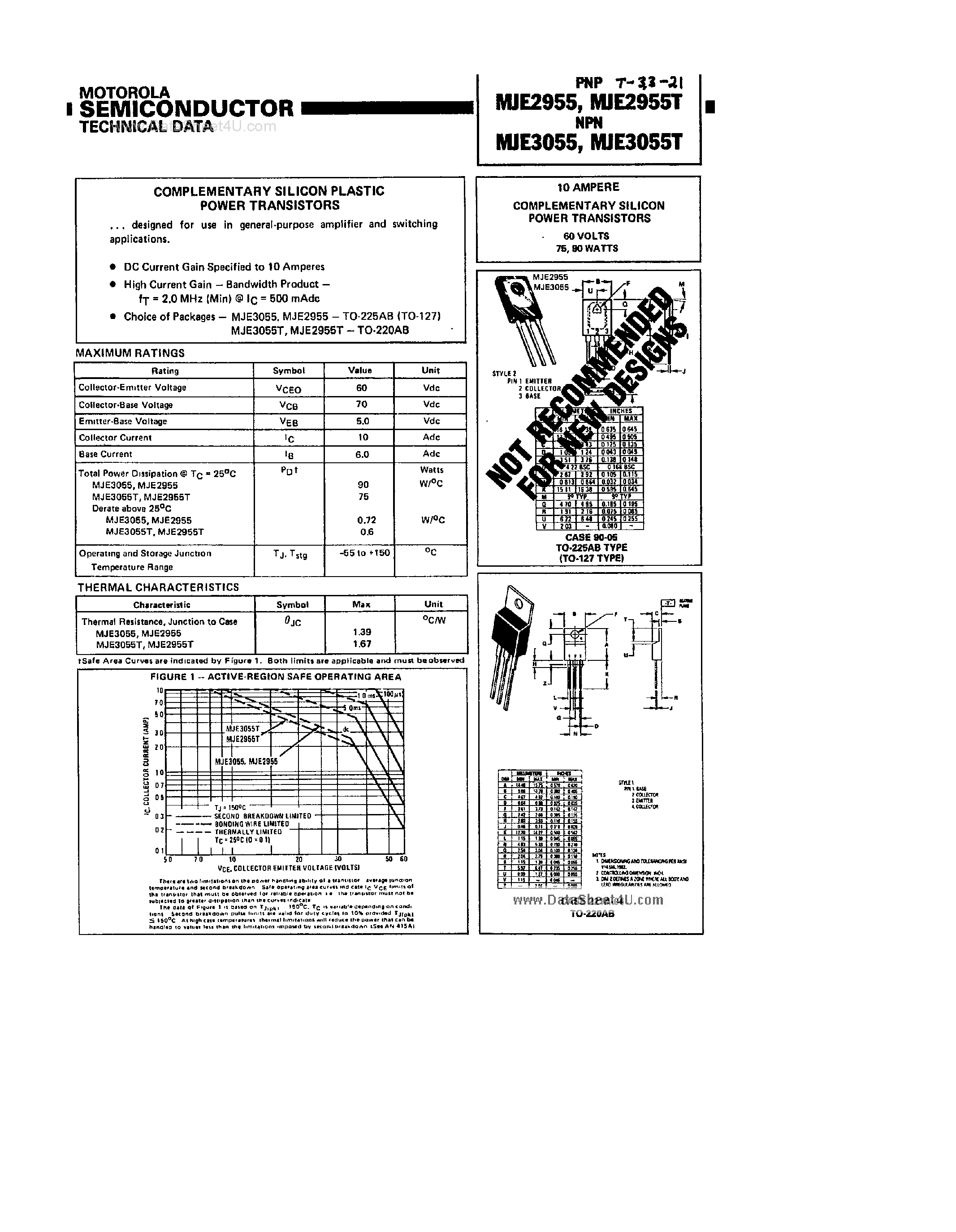 Datasheet MJE2955 - (MJE2955T / MJE3055T) POWER TRANSISTORS page 1