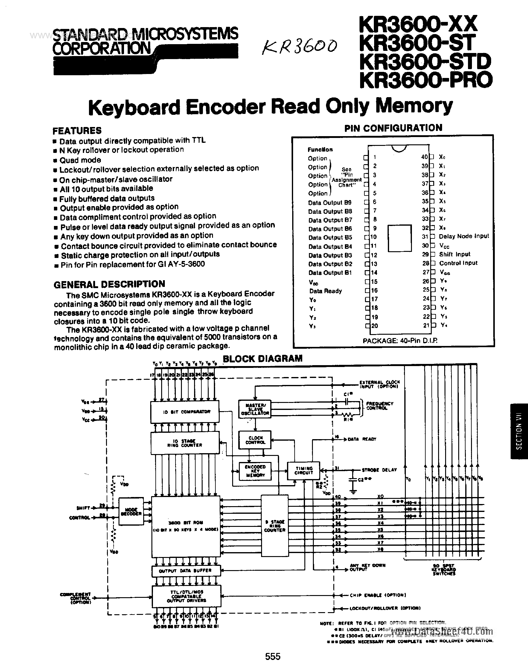 Даташит KR3600-PRO - (KR3600-XX) Keyboard Encoder ROM страница 1