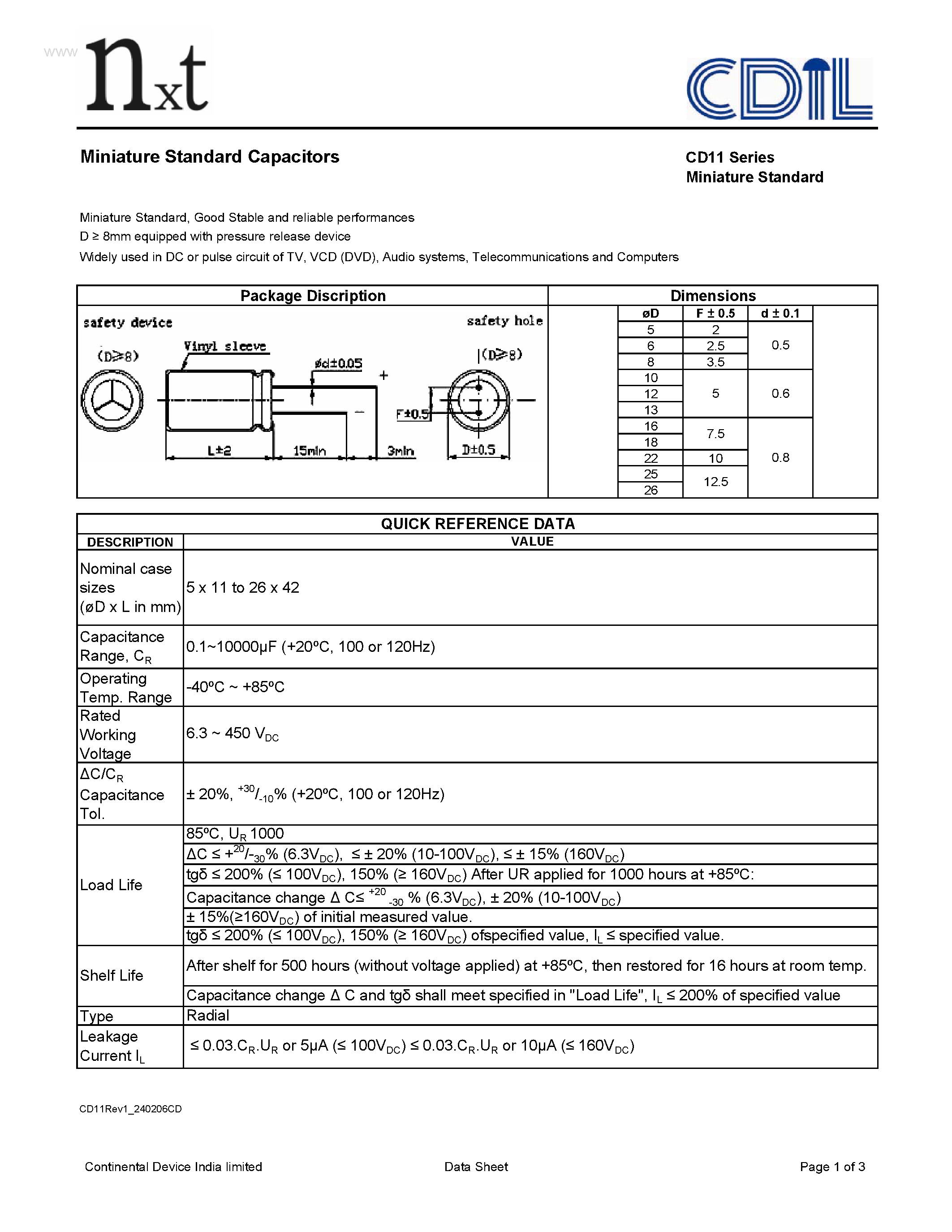 Datasheet CD11 - Miniature Standard Capacitors page 1