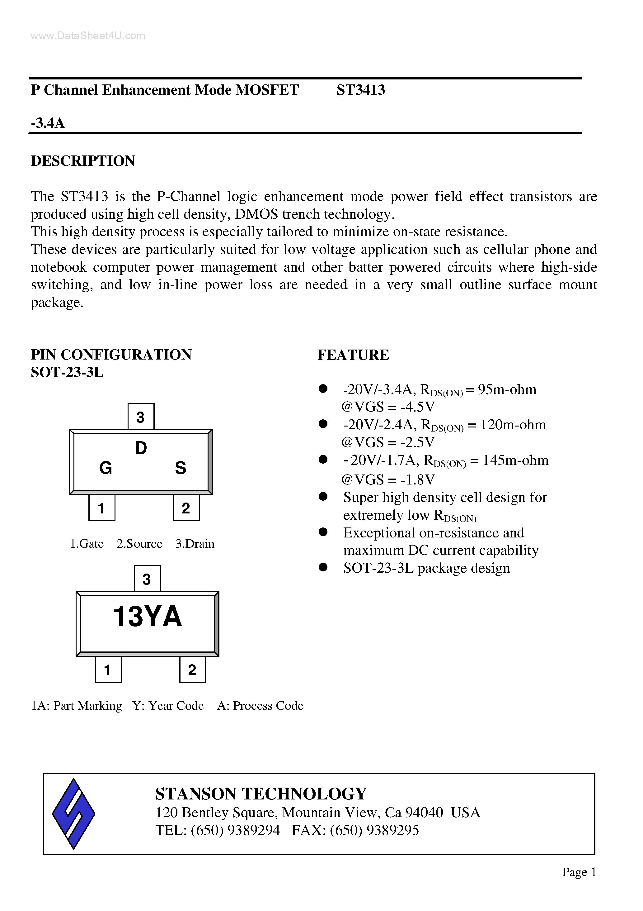 Datasheet ST3413 - P Channel Enhancement Mode MOSFET page 1