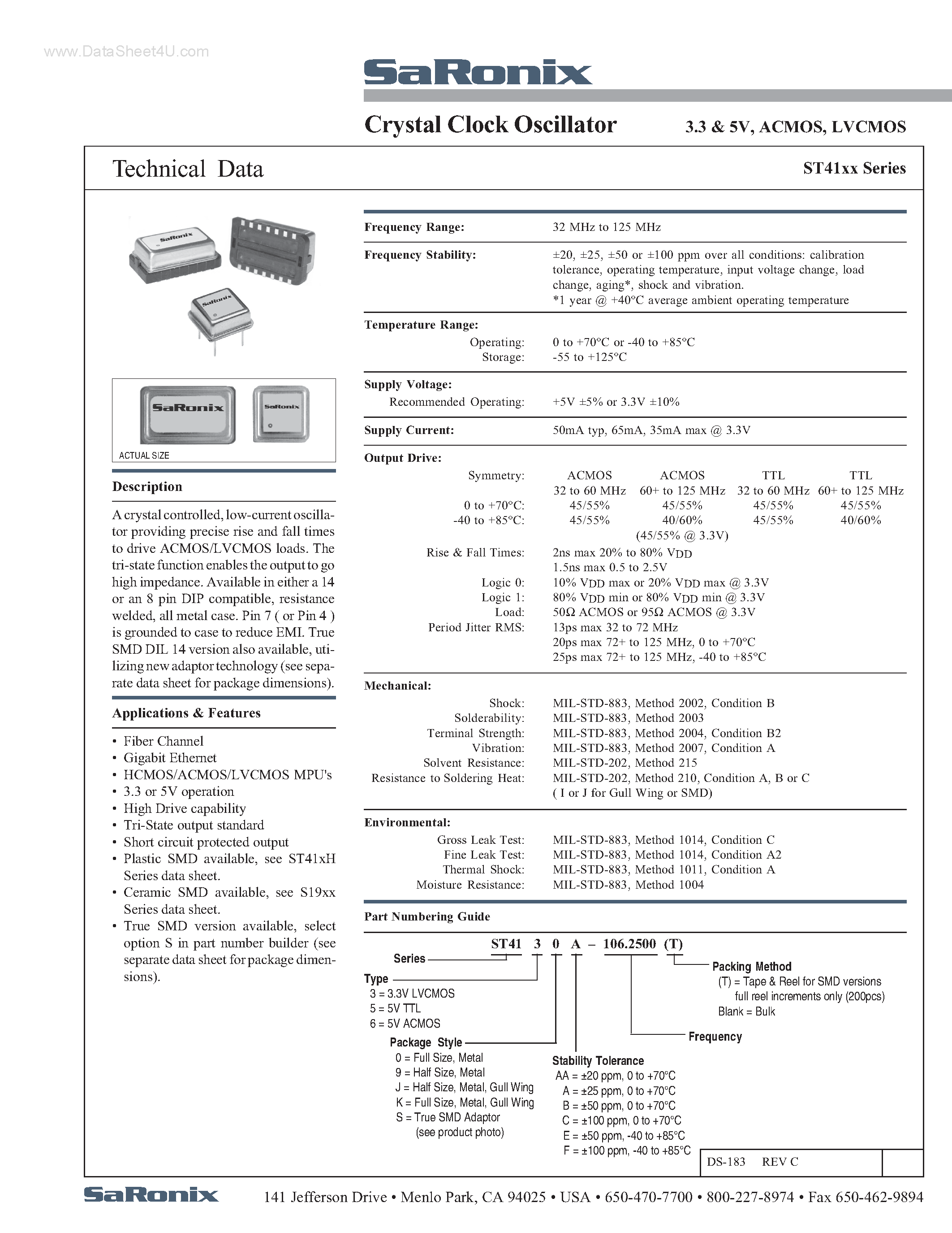 Datasheet ST4130A - (ST41xxA) Crystal Clock Oscillator page 1