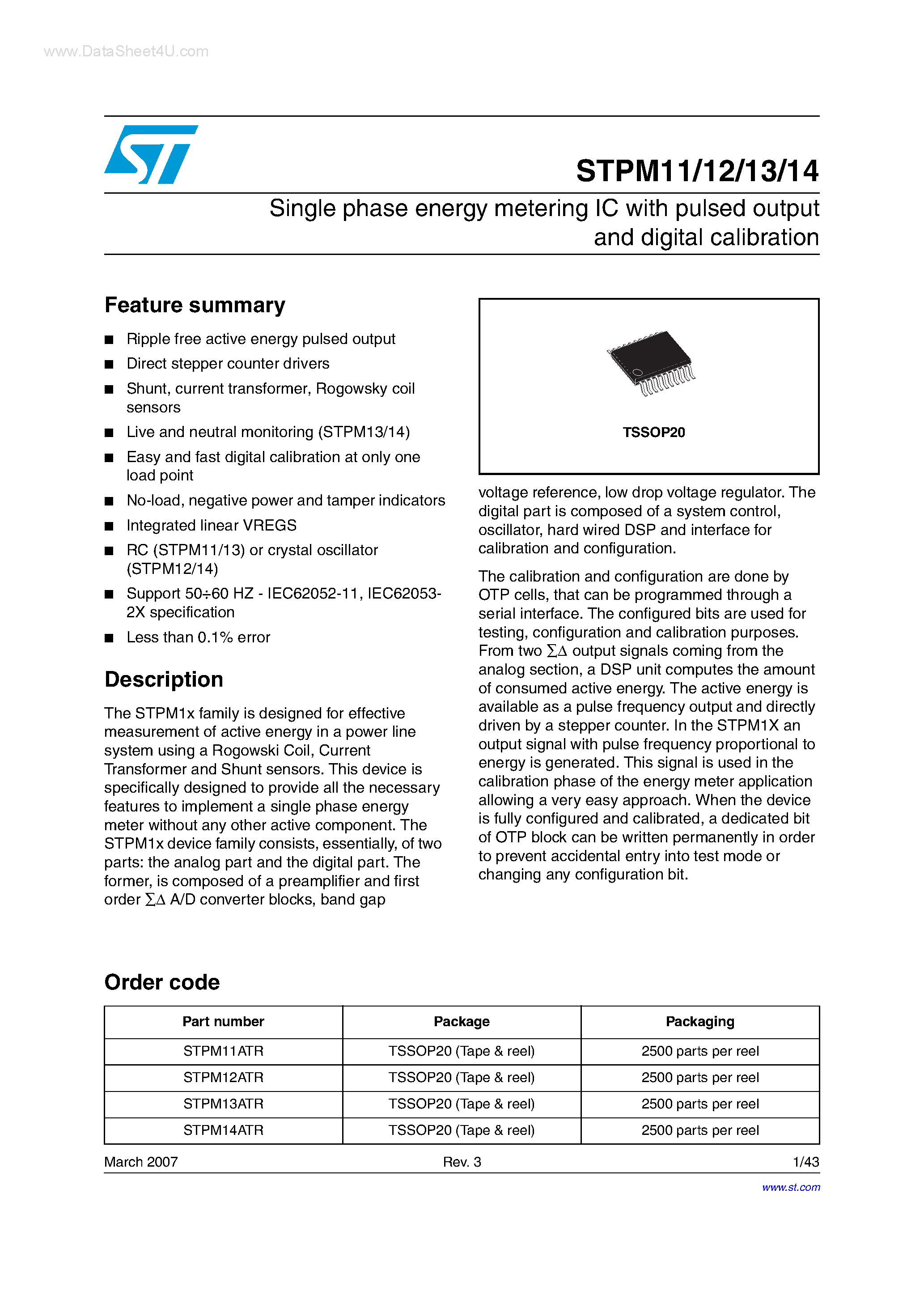 Даташит STPM11 - (STPM11 - STPM14) Single phase energy metering IC страница 1