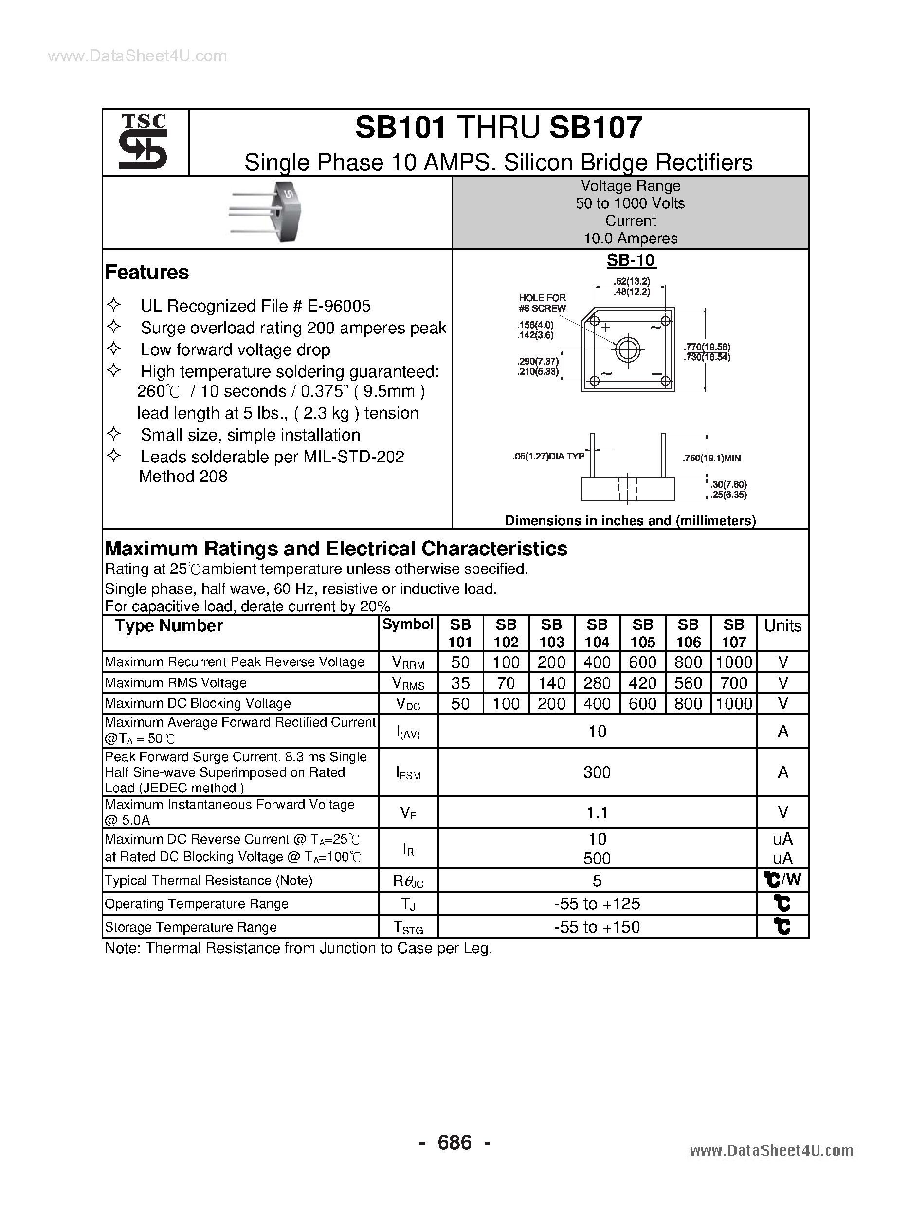 Datasheet SB101 - (SB101 - SB107) Silicon Bridge Rectifiers page 1