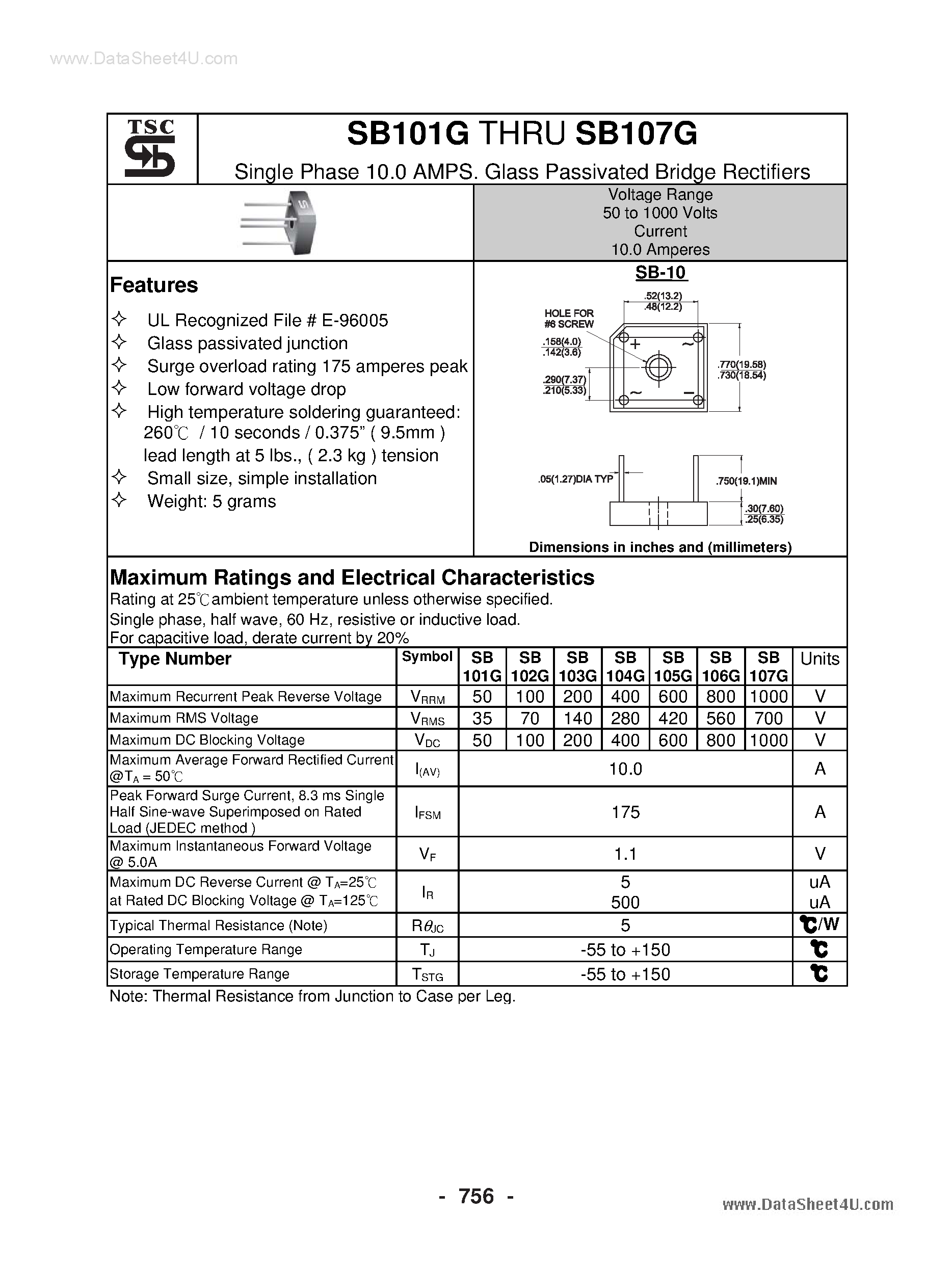 Даташит SB101G - (SB101G - SB107G) Glass Passivated Bridge Rectifiers страница 1